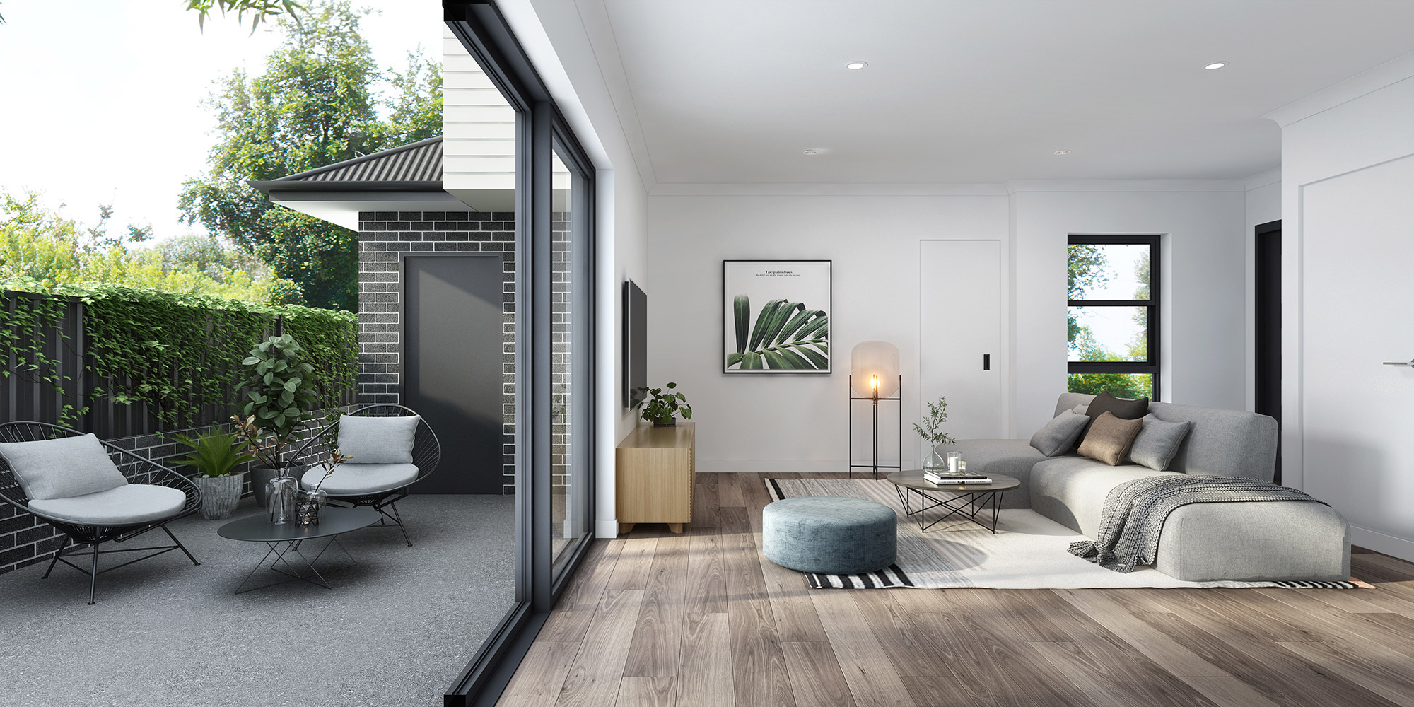 Modern living room with courtyard outlook and sliding glass doors 3D Rendering in Leppington NSW