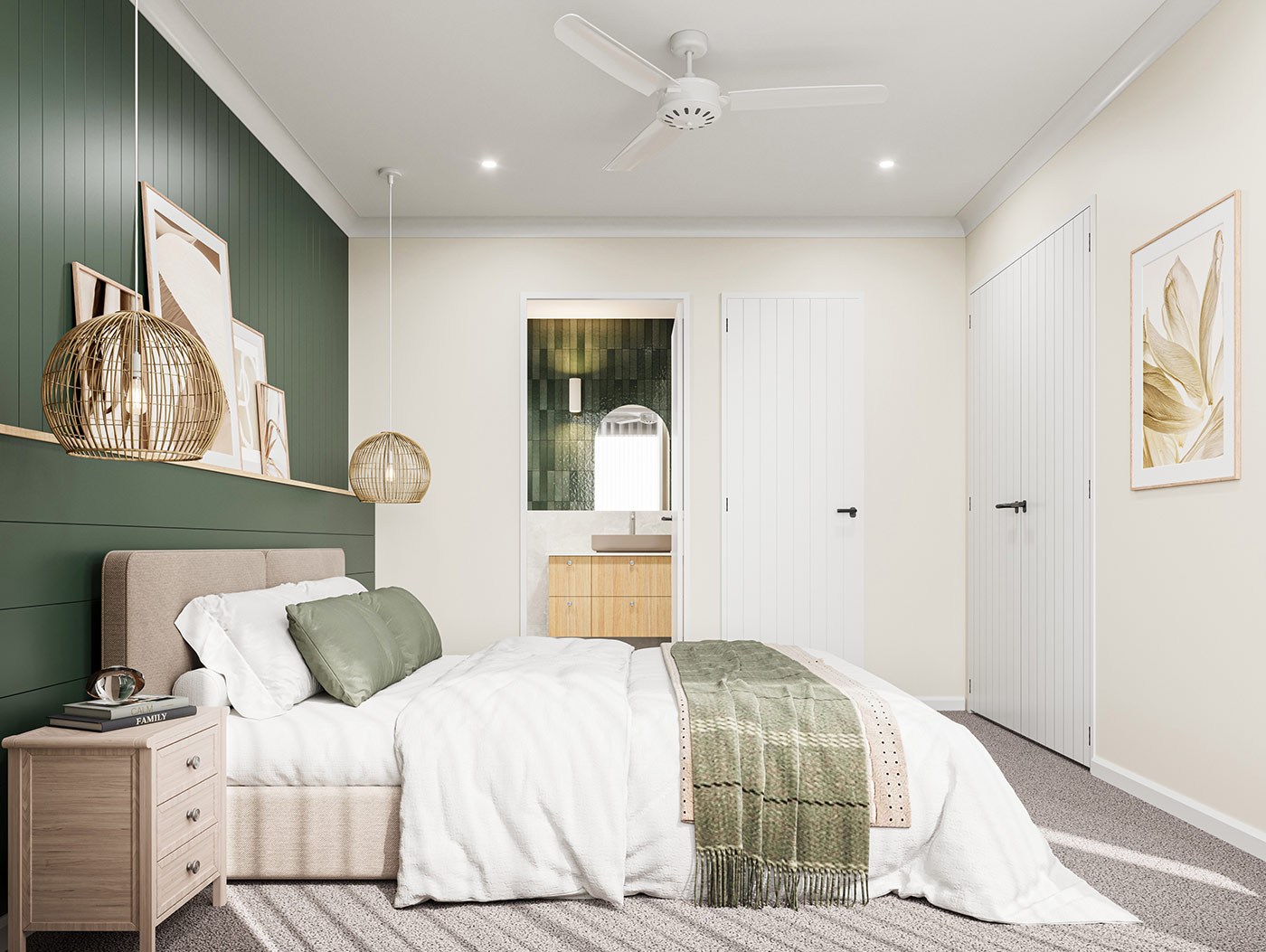 Contemporary bedroom 3D Render in Ripley Brisbane QLD showcasing warm tones, feature wall panelling and modern residential styling