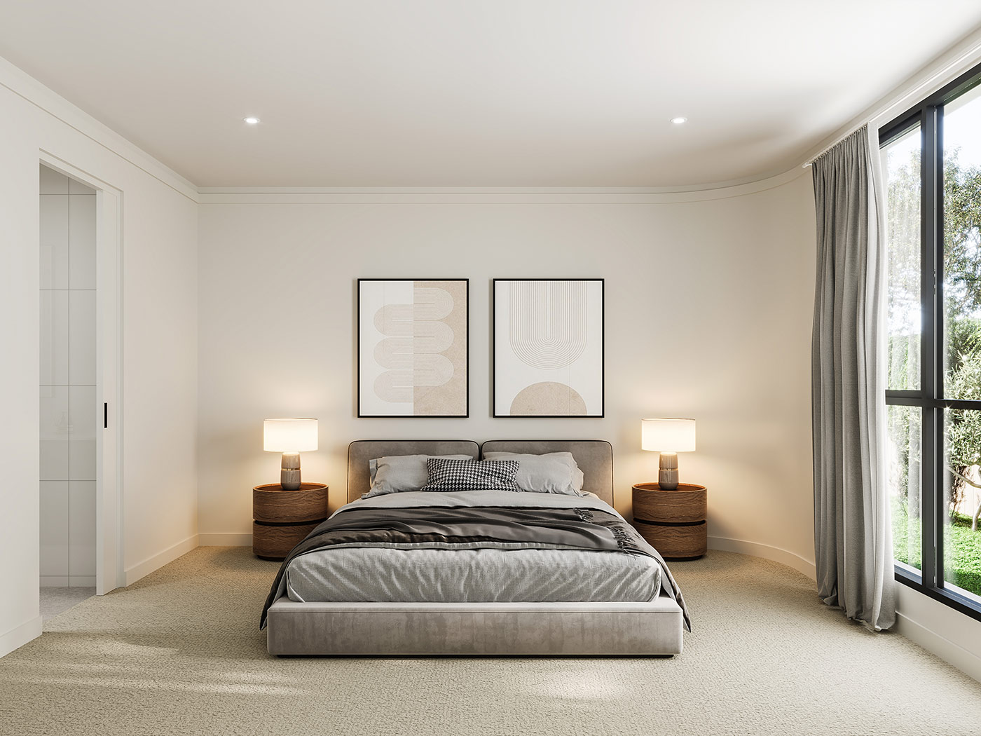Master bedroom interior 3D render in Littlehampton SA showcasing spacious layout, modern finishes and soft natural lighting