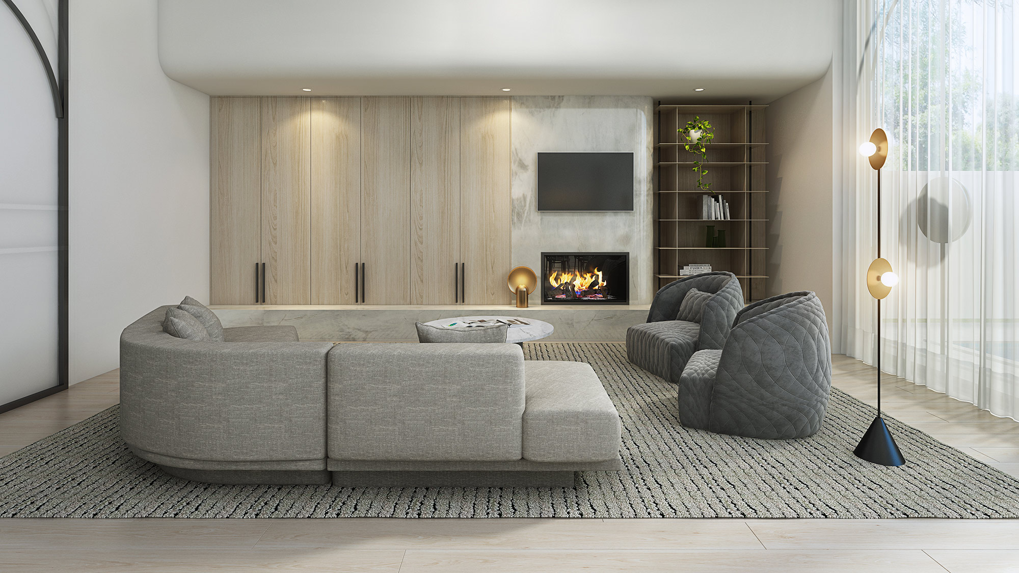 High-end living room with fireplace and custom cabinetry, detailed 3D Rendering in Malvern Melbourne