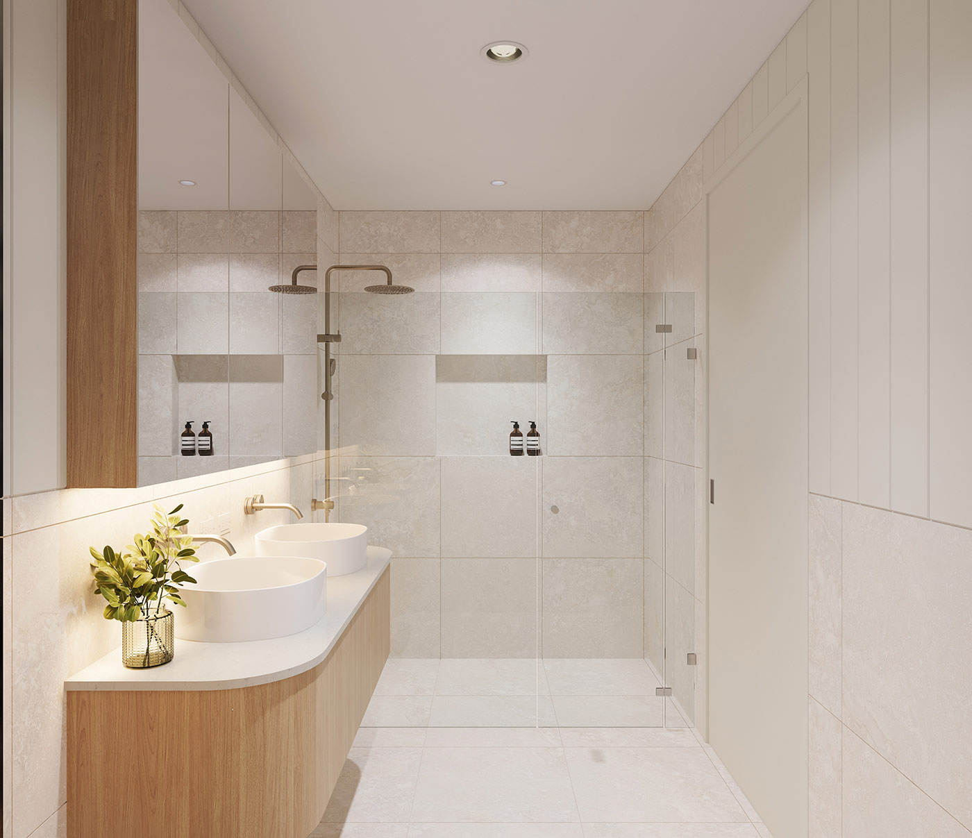 Margate bathroom interior 3D rendering highlighting modern fittings, clean lines and coastal Australian residential design