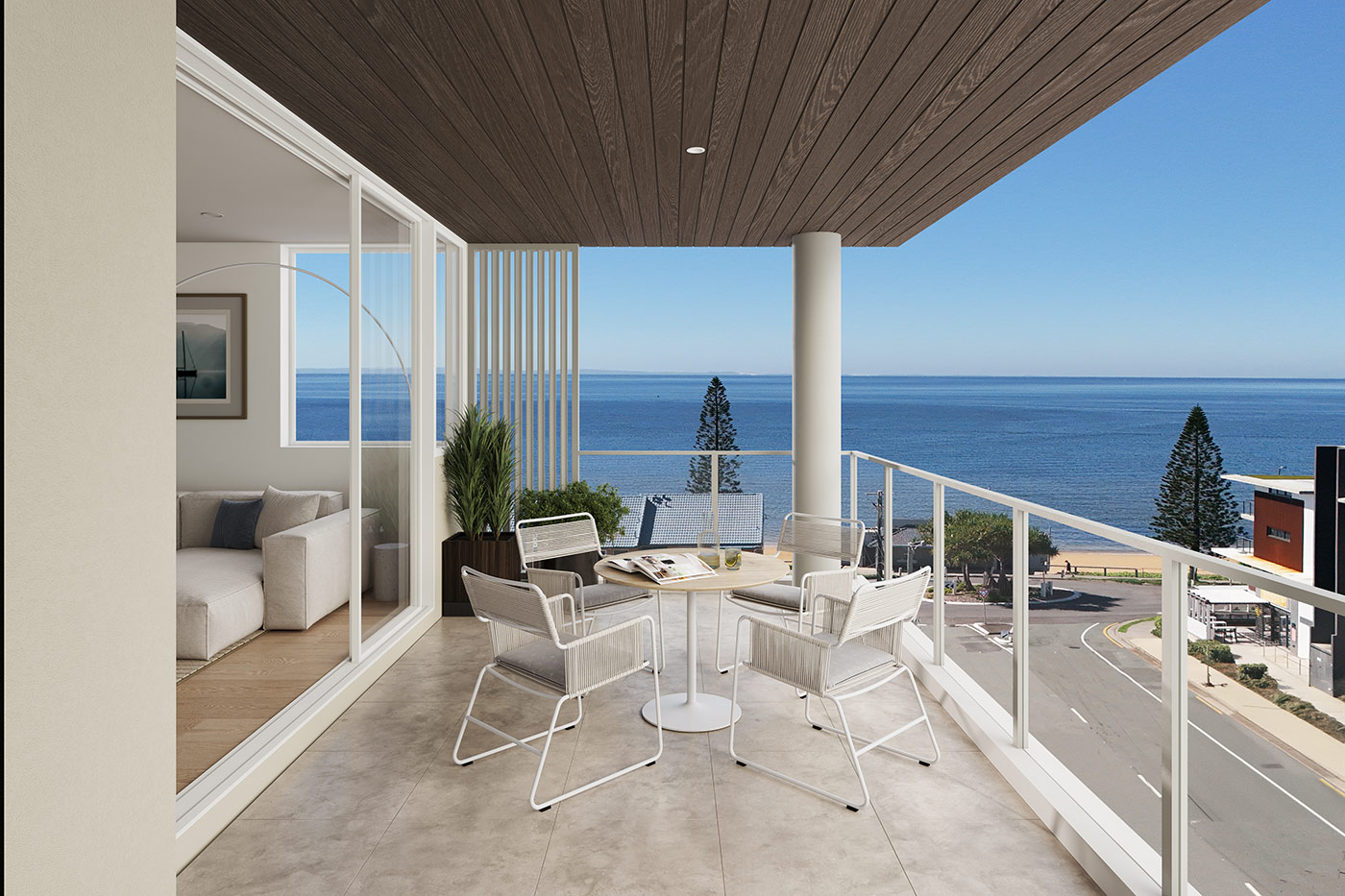 Coastal balcony with ocean views and outdoor seating 3D Render in Margate QLD apartment