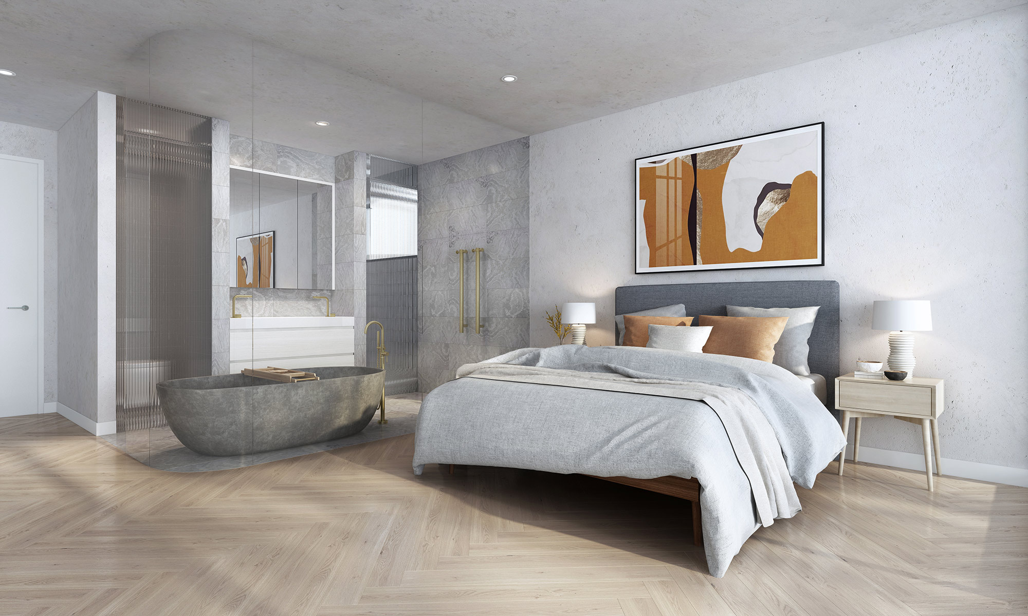 Modern bedroom interior 3D render in Hamilton QLD featuring clean lines, soft lighting and contemporary residential styling