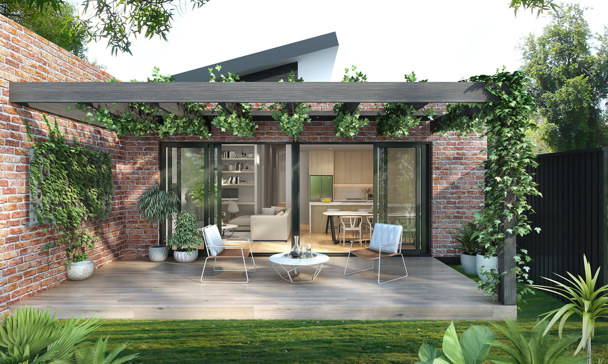 Contemporary balcony seating area in Marsden Park 3D Rendering with indoor outdoor connection
