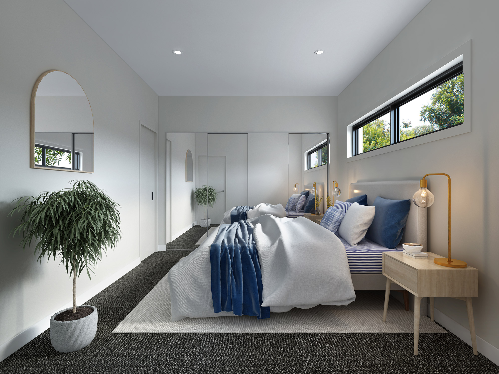 Contemporary bedroom interior 3D render in Marsden Park NSW showcasing natural light, soft furnishings and modern residential styling