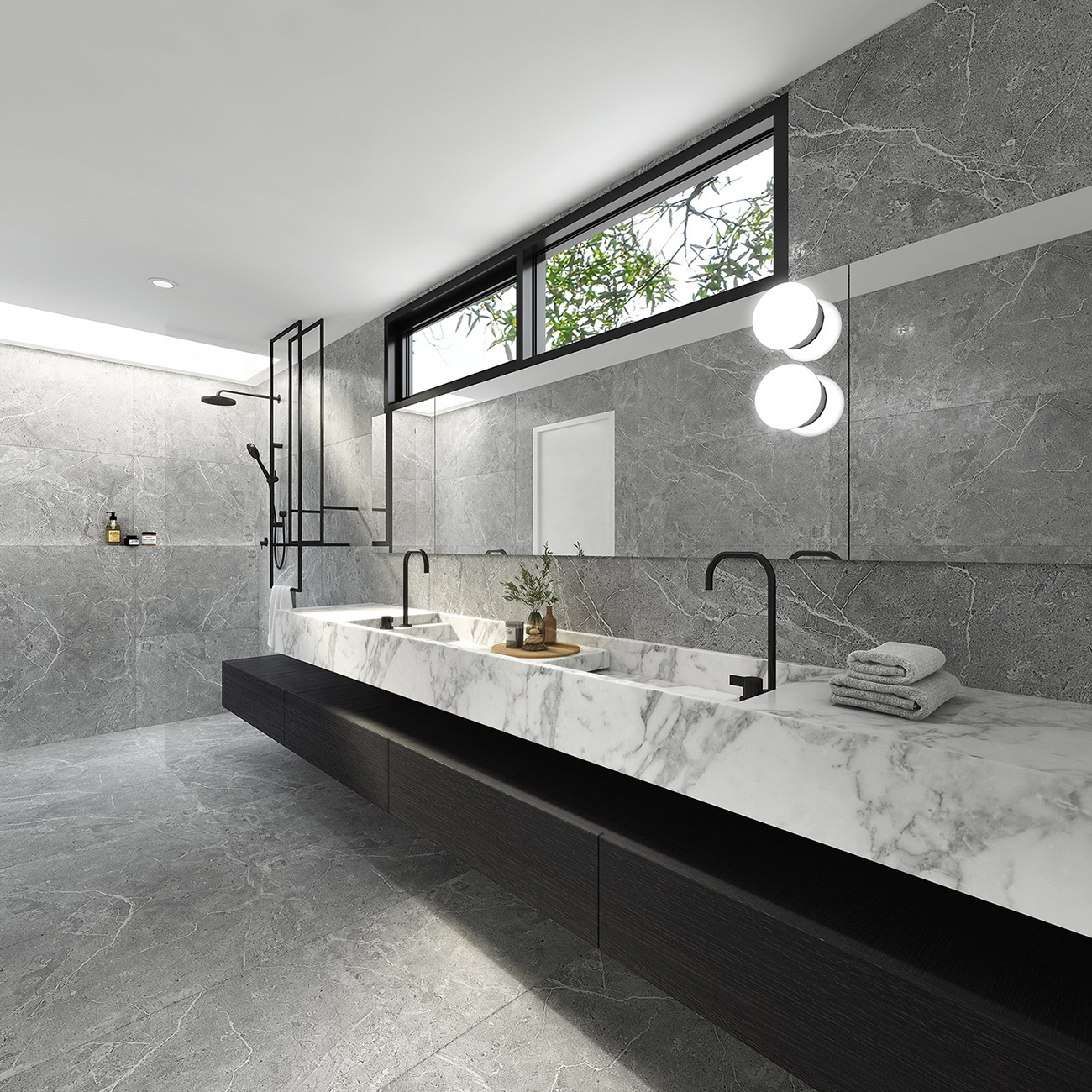 Marsden Park ensuite bathroom 3D render with modern fixtures, floating vanity and refined Australian interior design