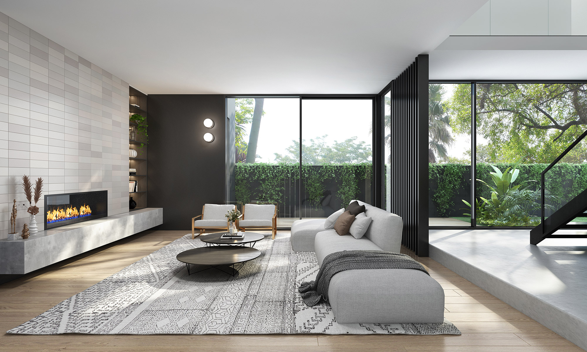 Contemporary living room with fireplace and large windows, modern home 3D Rendering in Marsden Park Sydney