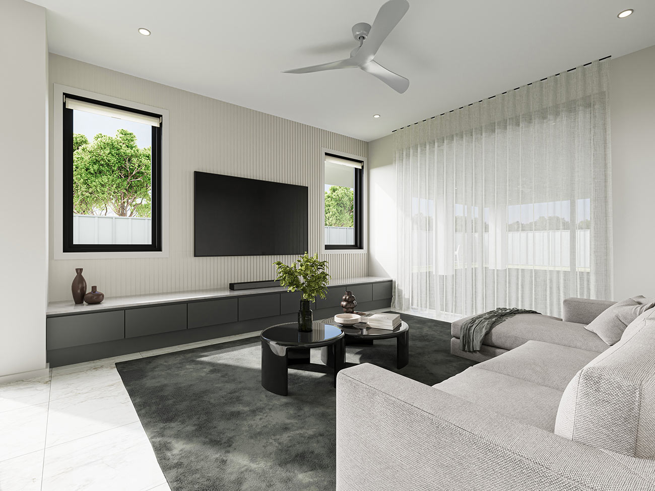 Minimalist living room with feature TV wall and natural light, contemporary interior 3D Rendering in Marsden Park NSW