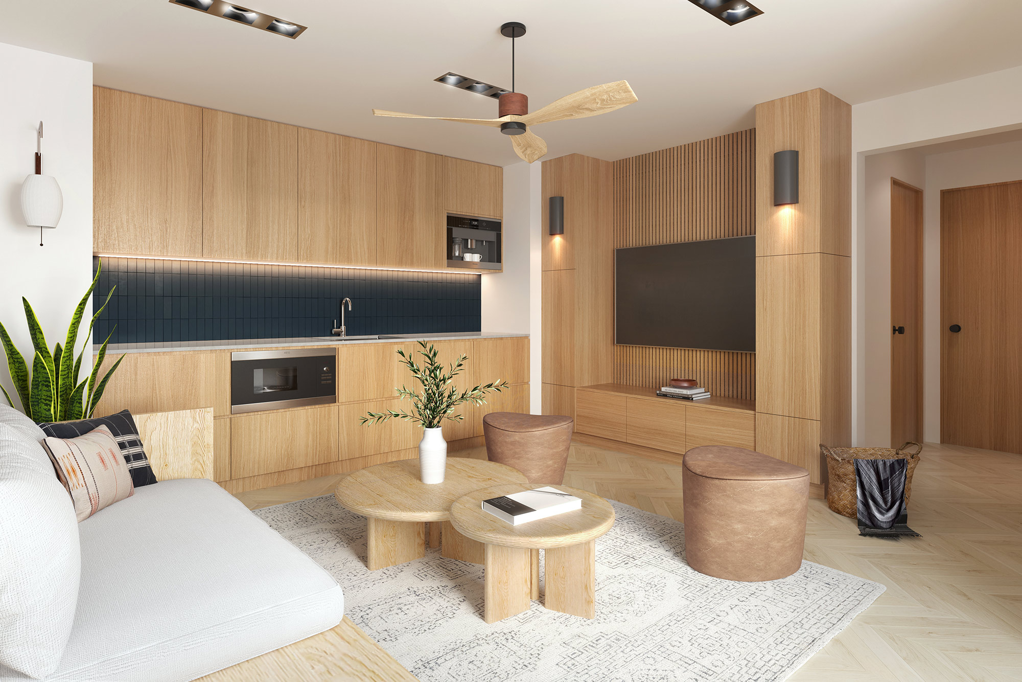 Contemporary kitchen and living space with timber cabinetry and custom joinery 3D Rendering in Marsden Park NSW