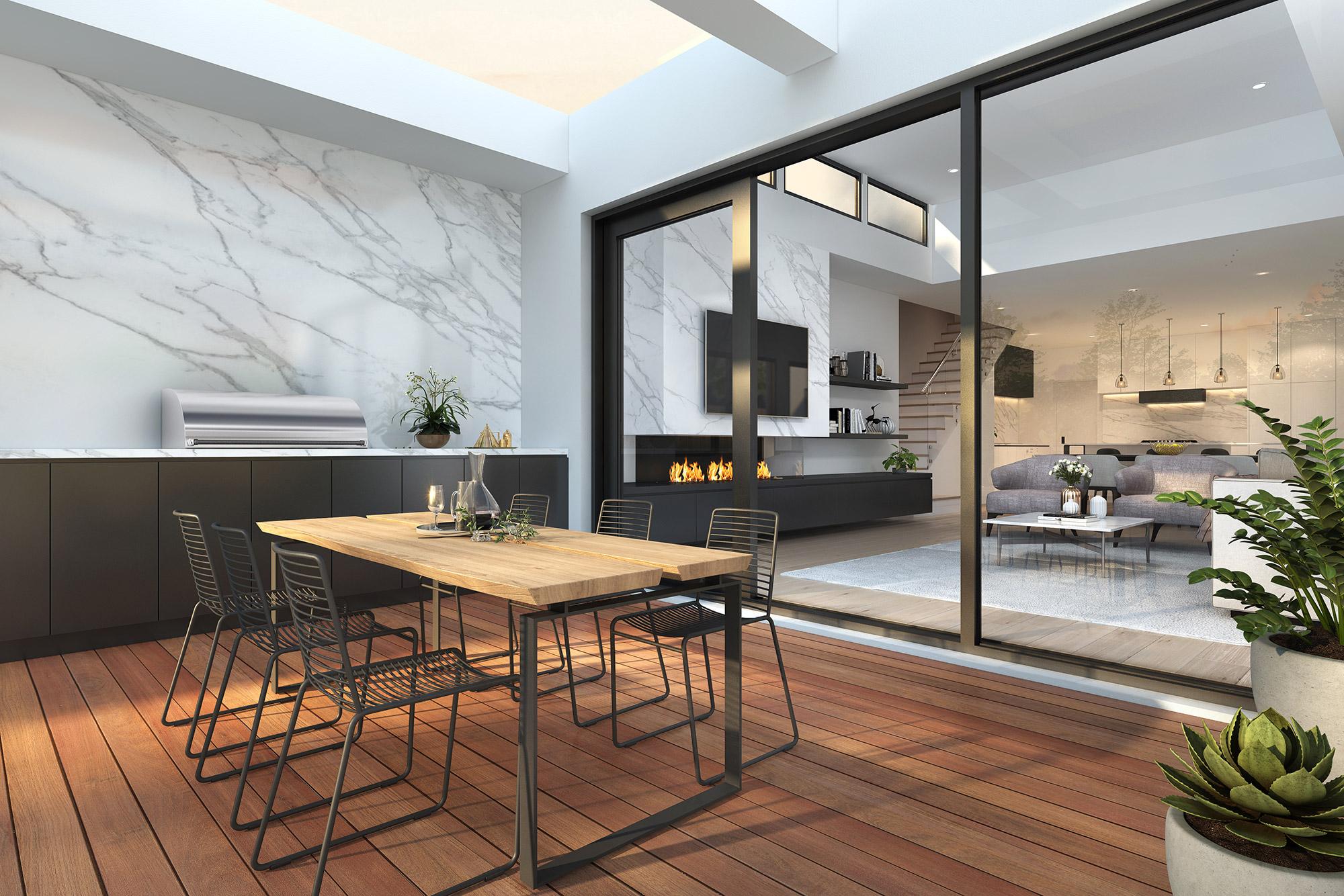 Modern alfresco outdoor dining area with timber deck and marble wall finishes in Marsden Park Sydney 3D Rendering showcasing seamless indoor outdoor living design