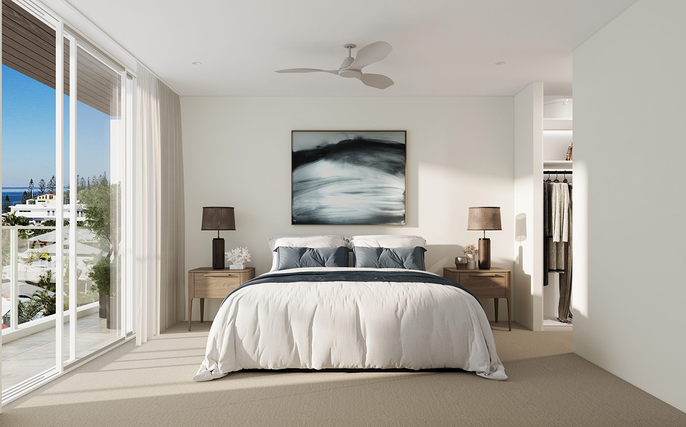 Bright bedroom 3D Rendering in Margate QLD with natural light, clean lines and contemporary residential interior design
