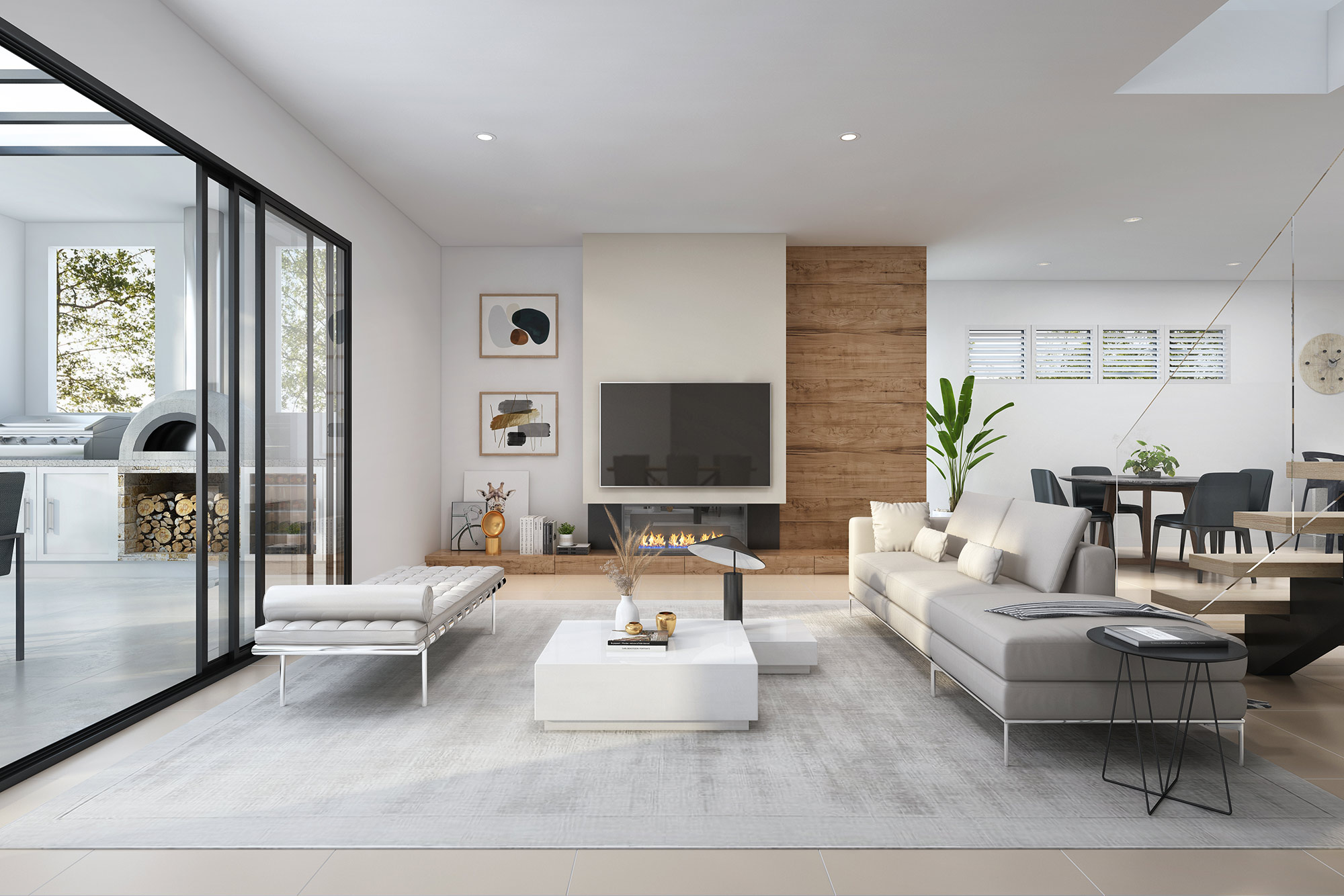 Modern open plan living room with fireplace and timber finishes, 3D Rendering in Merewether Newcastle