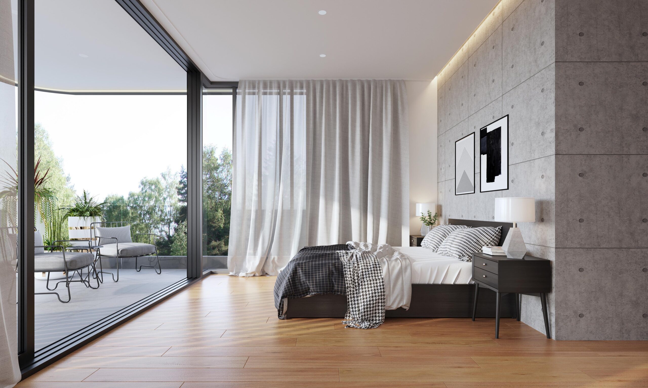Luxury bedroom interior 3D render in Monterey NSW featuring modern finishes, natural textures and high end residential design
