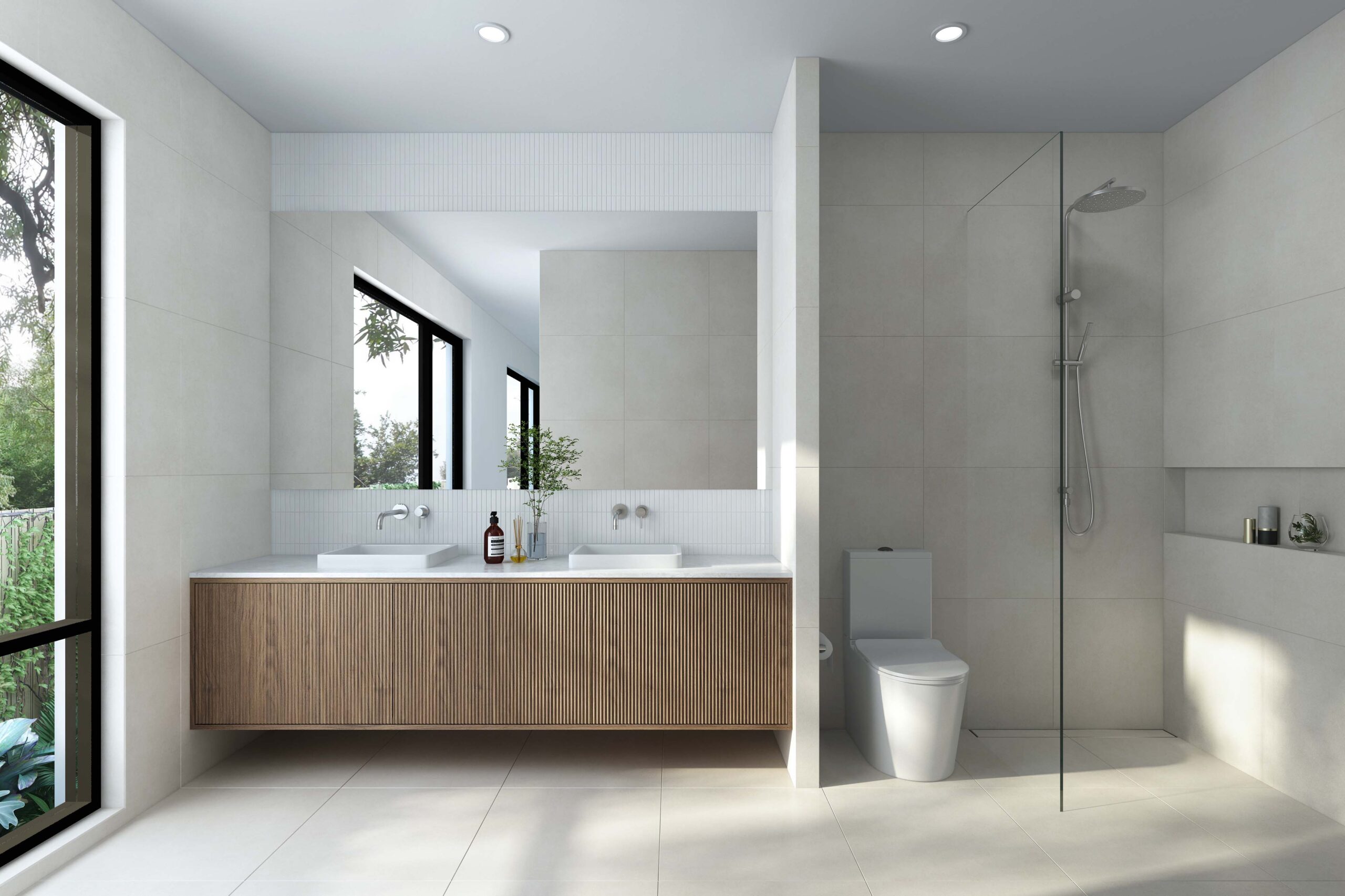 Mornington bathroom 3D render showcasing coastal-inspired materials, warm lighting and premium Australian bathroom design