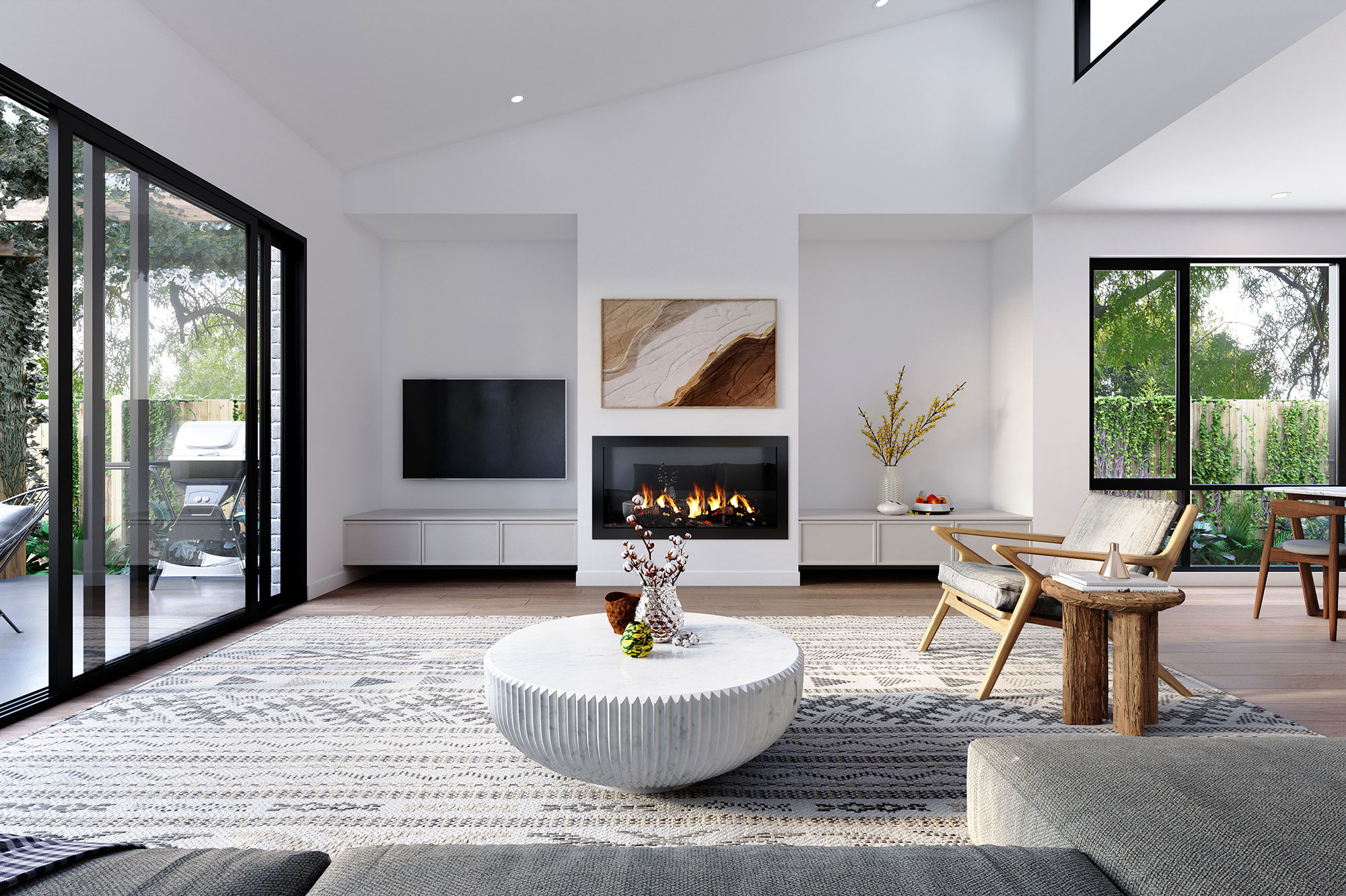 Stylish living room with feature fireplace wall and timber finishes, 3D Rendering in Mornington Victoria
