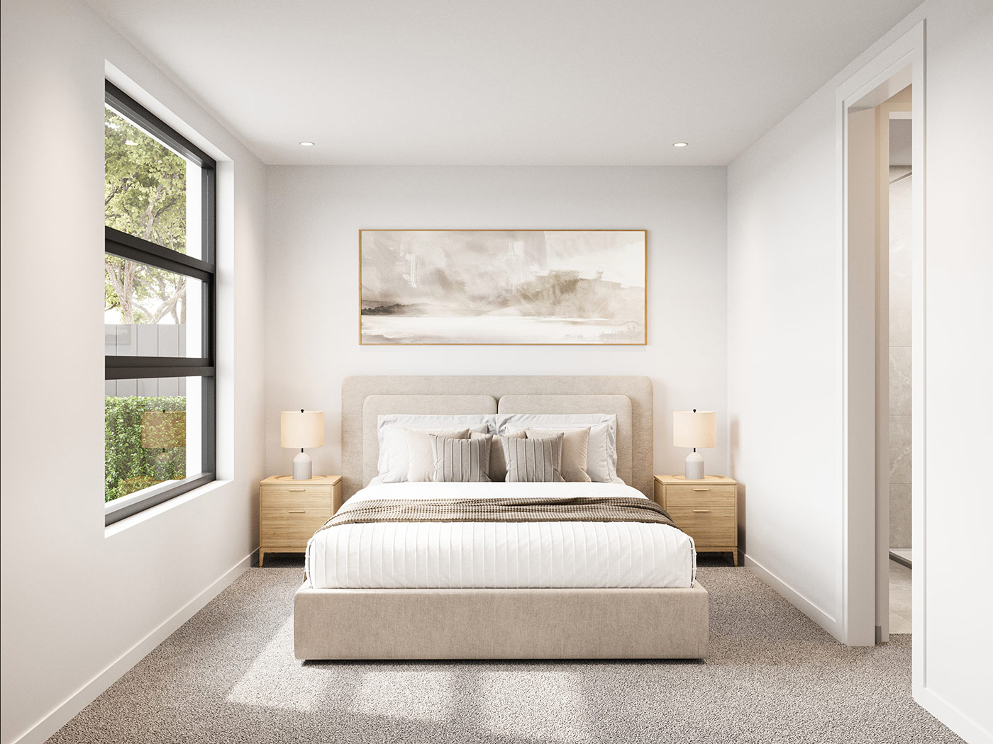 Modern bedroom 3D Render in Pakenham VIC featuring large window outlook, soft furnishings and contemporary residential design
