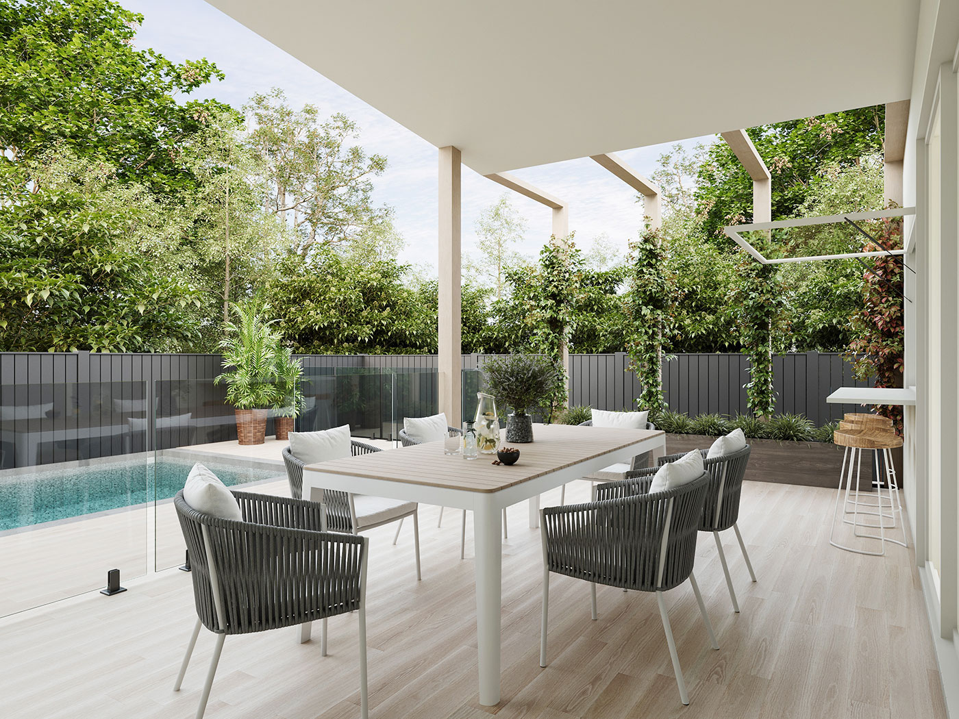 Modern coastal home with swimming pool and outdoor entertaining area in Mudjimba Queensland 3D Rendering highlighting relaxed beachside architecture