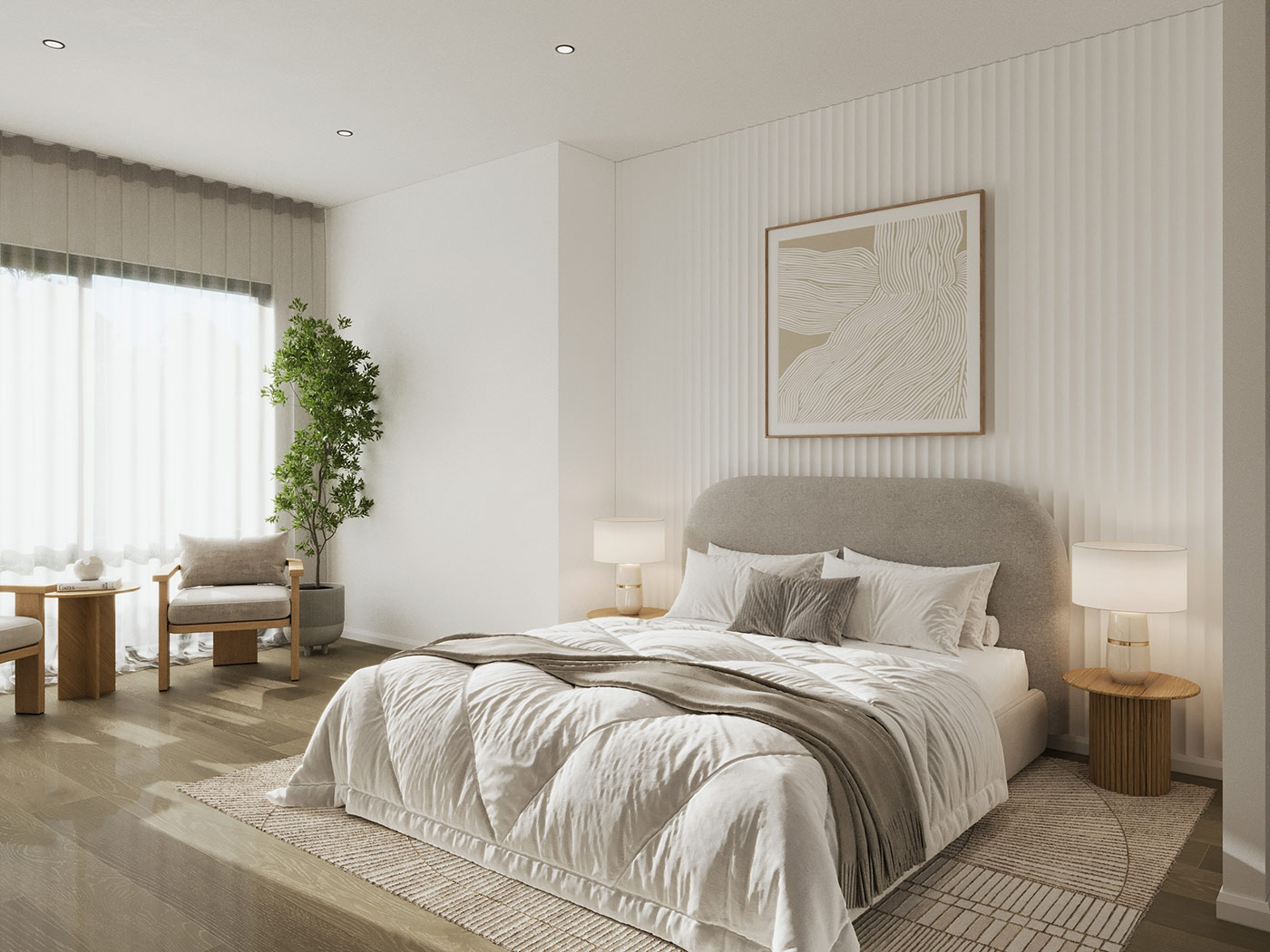 Modern bedroom 3D Rendering in Point Cook Melbourne VIC featuring soft neutral palette, upholstered bedhead and natural light filled residential interior design