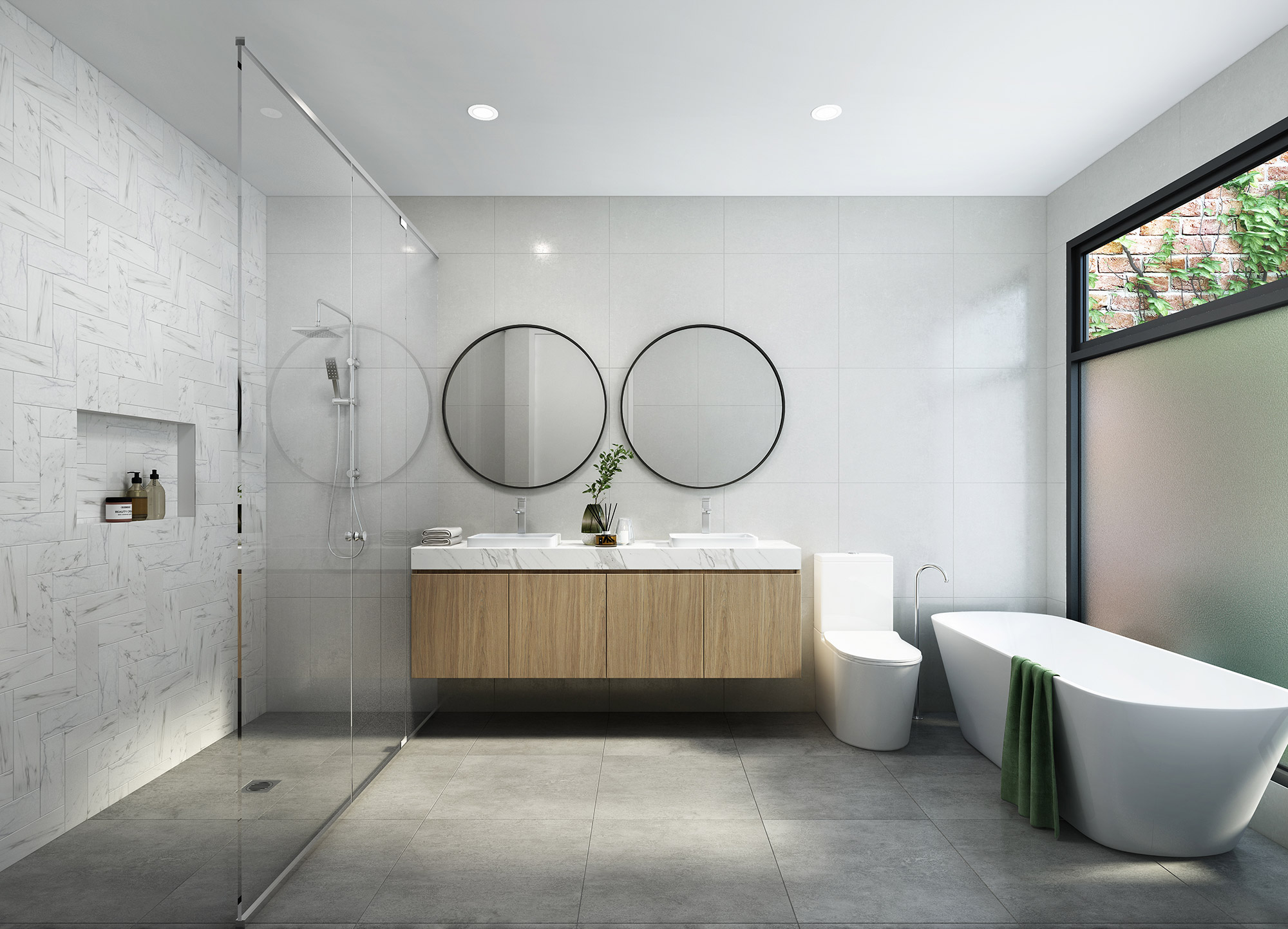 Modern North Kellyville bathroom 3D render with double vanity, stone finishes and minimalist Australian interior styling