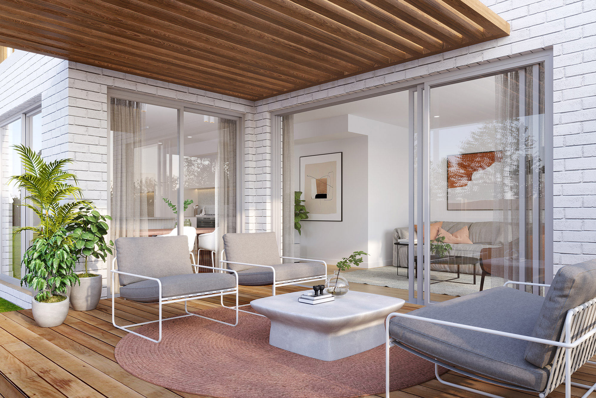 Modern balcony outdoor living space with seating and greenery in Nunawading Melbourne 3D Rendering emphasising light filled interiors and exterior connection