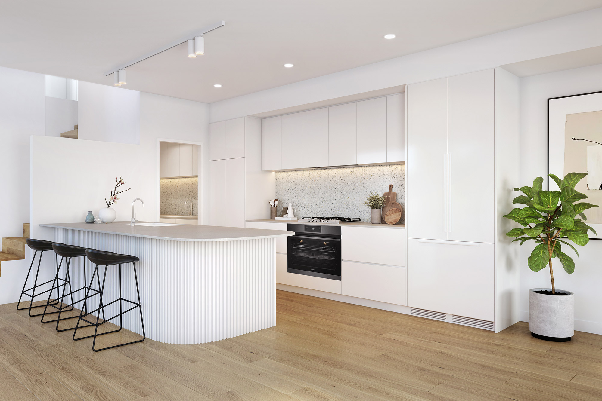 Modern family kitchen in Nunawading Melbourne 3D Rendering with island bench, integrated appliances and soft lighting