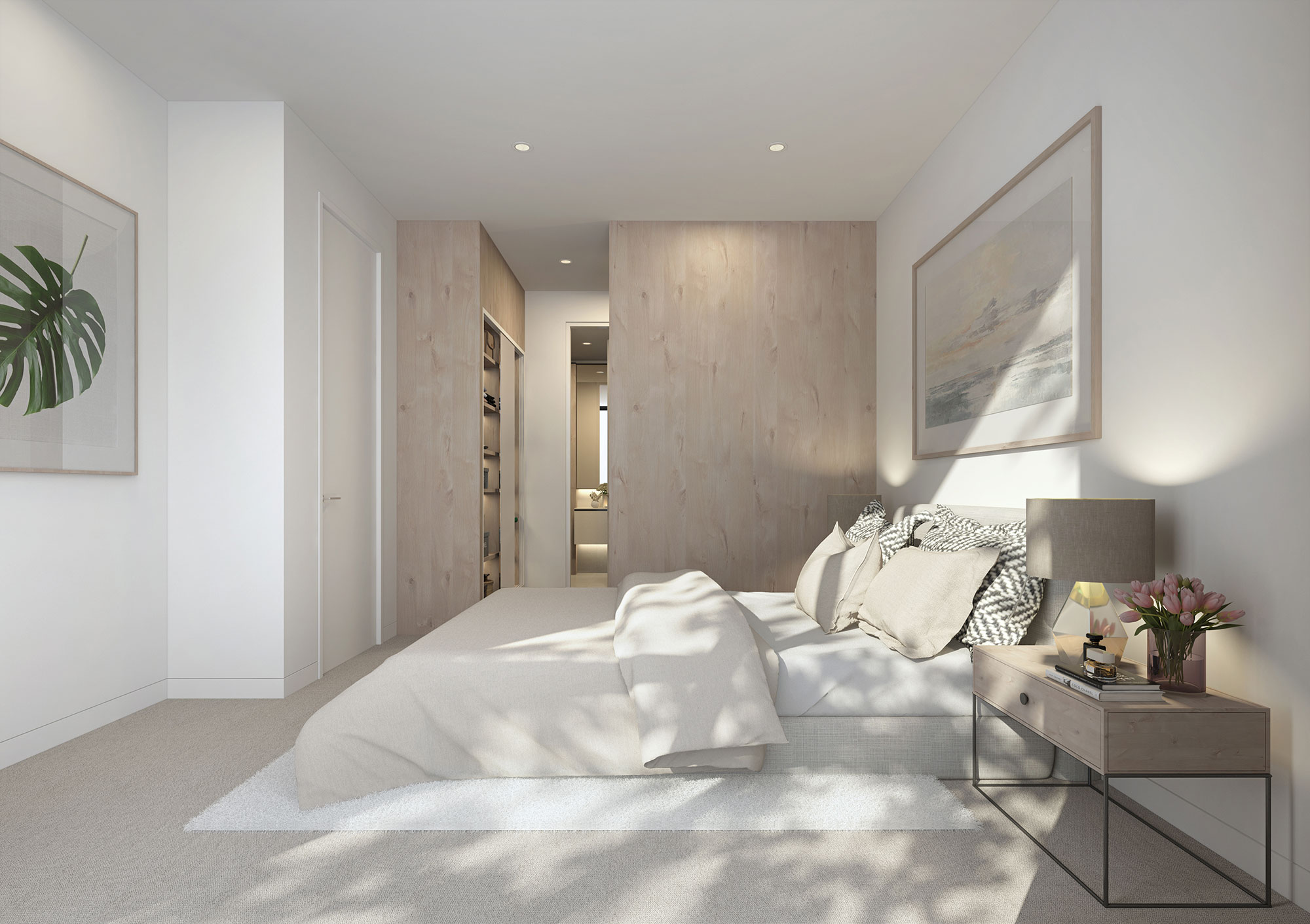 Light filled apartment bedroom 3D rendering in Oakleigh East VIC with timber finishes, built in wardrobe and modern residential design