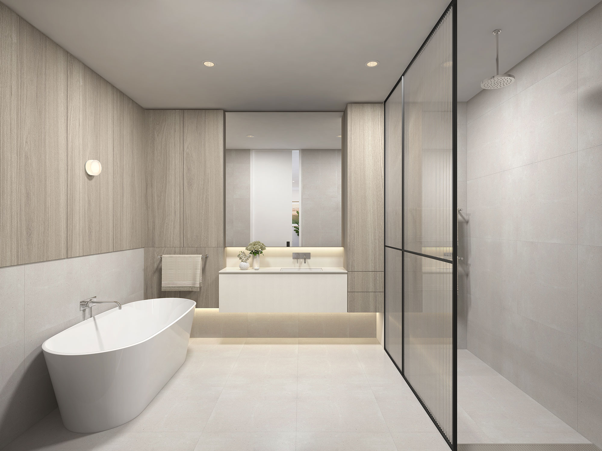 Modern Oakleigh East ensuite bathroom 3D rendering showcasing minimalist design, neutral tones and high-end finishes in an Australian residential project
