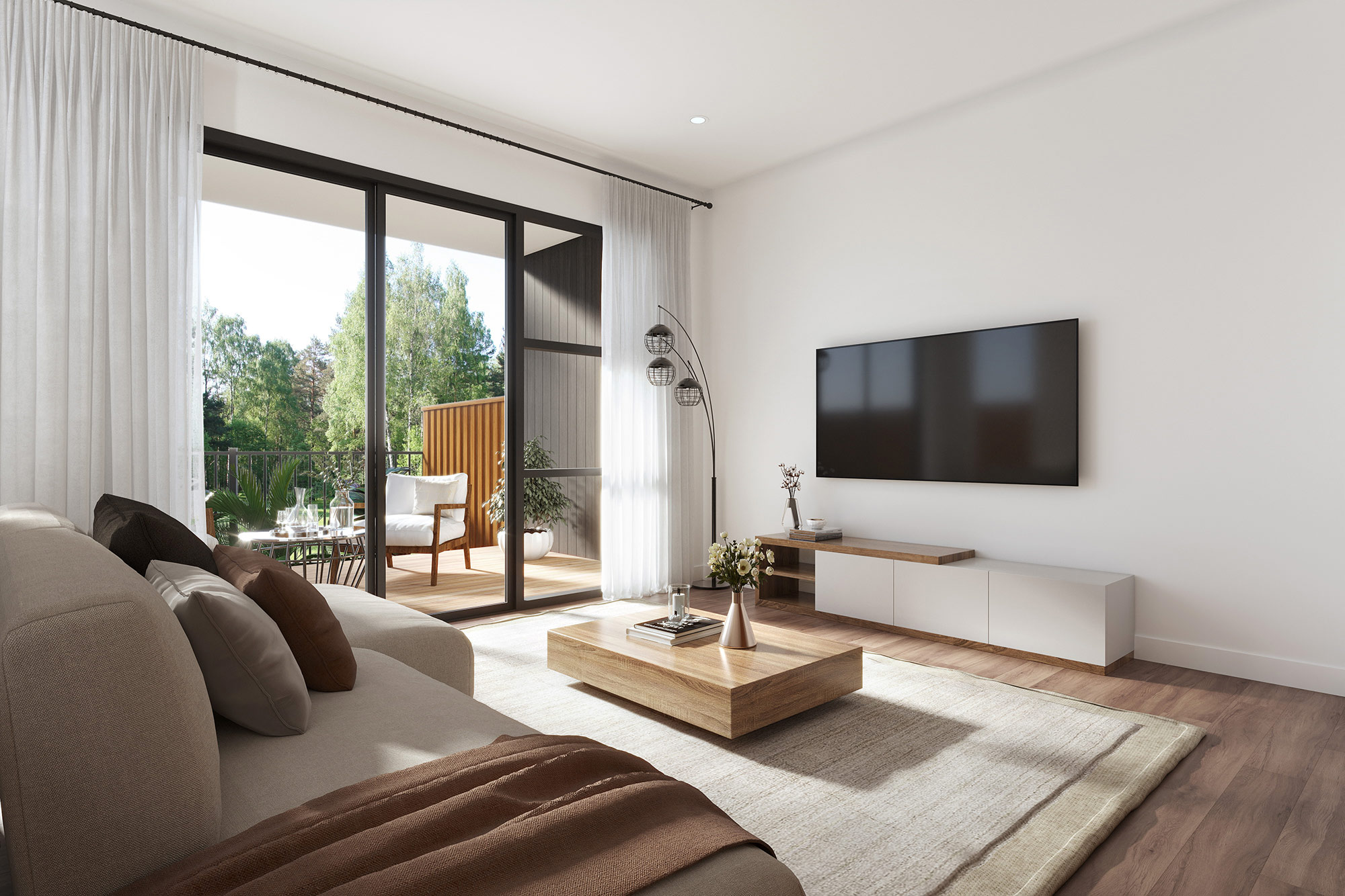 Contemporary apartment living room with balcony and outdoor greenery 3D Render in Otahuhu Auckland
