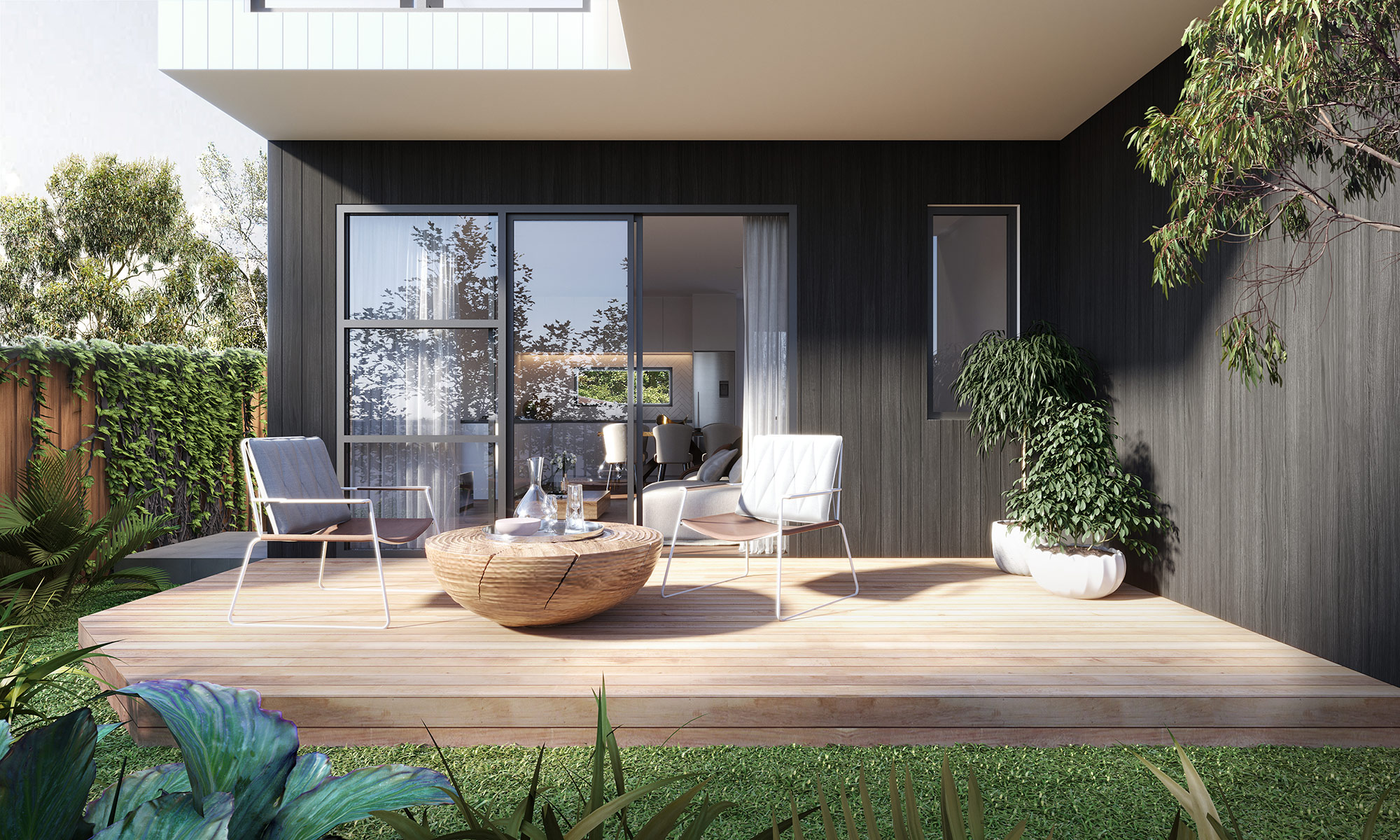 Contemporary timber deck outdoor living area in Otahuhu Auckland 3D Render featuring minimalist seating and landscaped garden setting