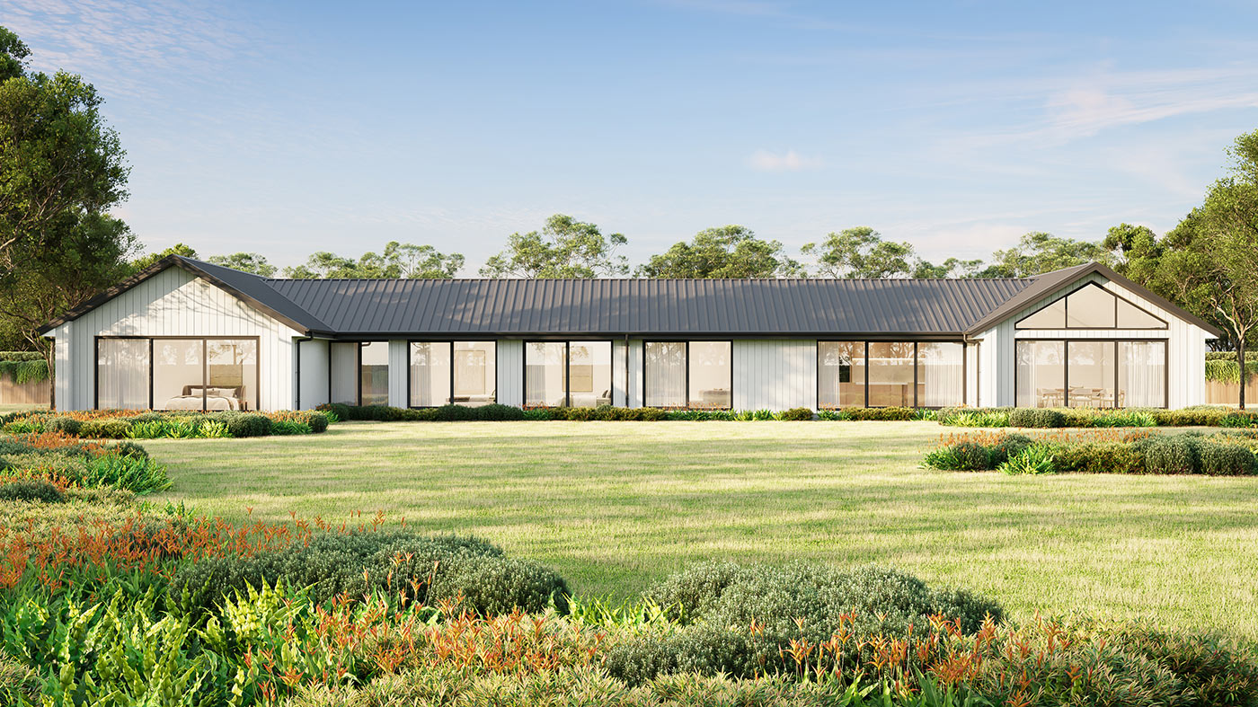 Expansive modern rural home facade with landscaped gardens in Pakenham Victoria 3D Rendering highlighting large scale residential development design