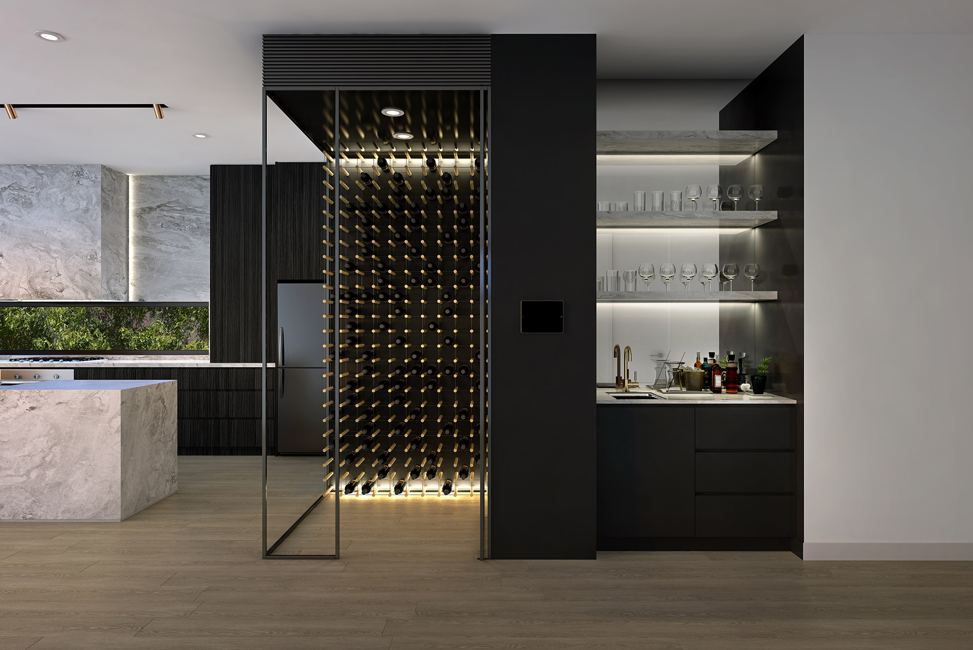 Modern luxury kitchen with feature wine cellar in Parramatta Sydney 3D Rendering showcasing premium joinery, stone finishes and ambient lighting