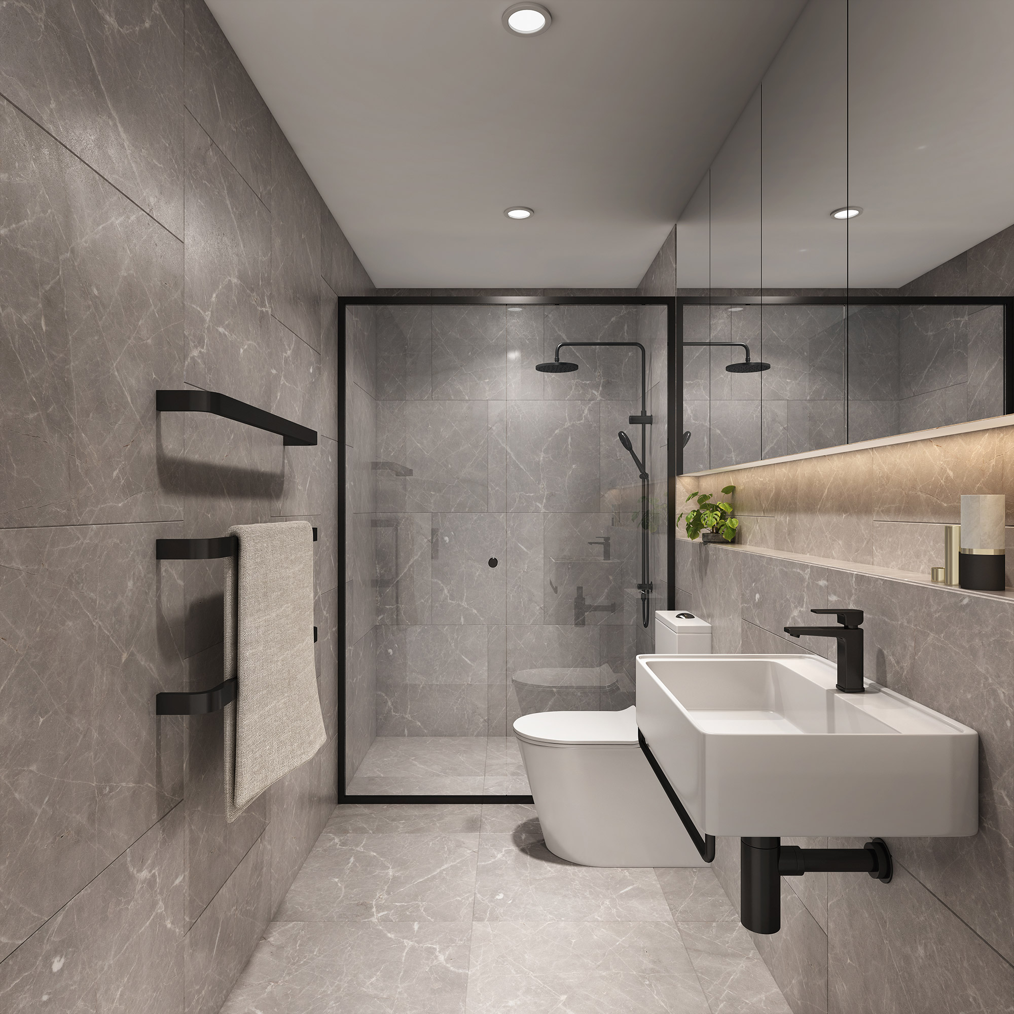 Point Cook bathroom 3D rendering featuring neutral palette, walk-in shower and modern Australian home styling