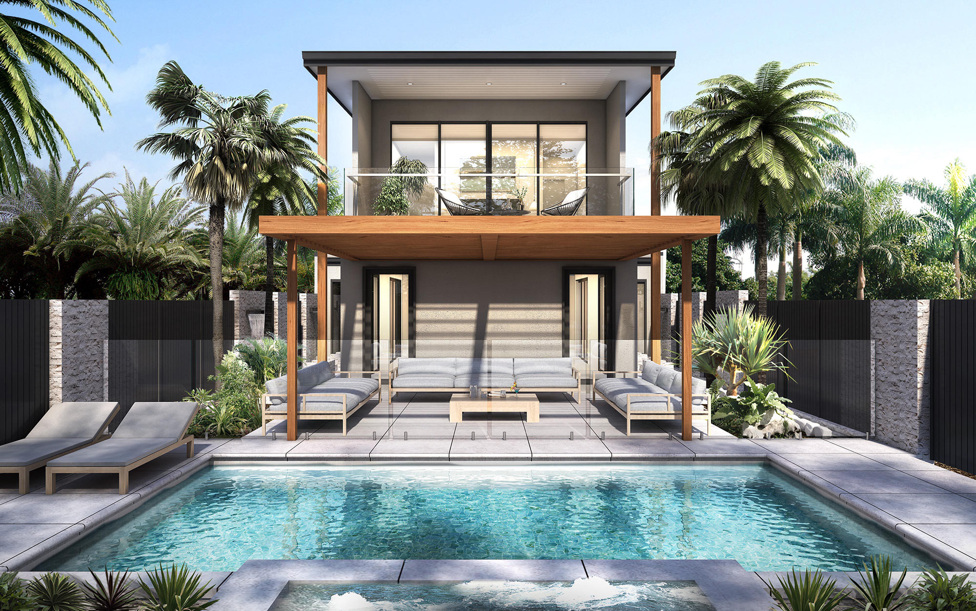 Rear home view with pool and spa in Point Cook 3D Rendering showcasing luxury outdoor design