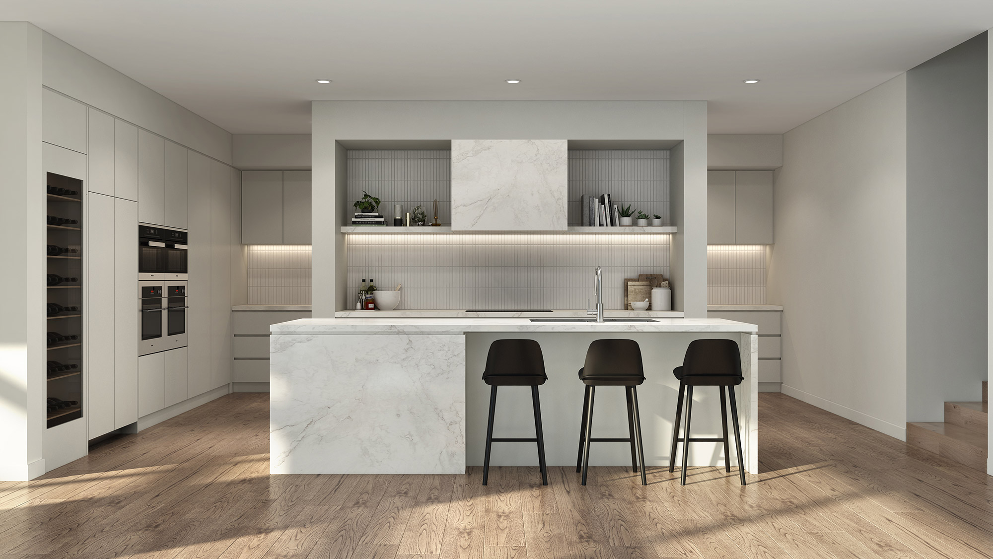 Luxury coastal kitchen in Portsea Mornington Peninsula 3D Render with marble surfaces and premium appliances