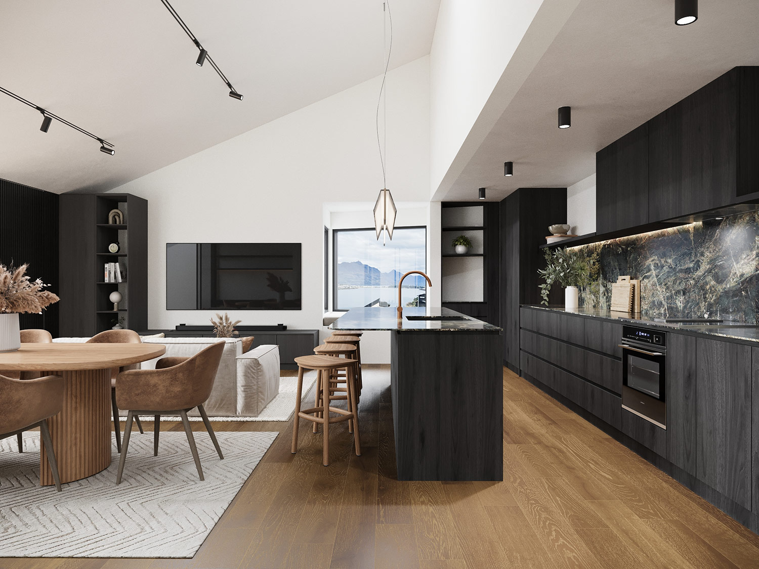 Luxury kitchen with marble island 3D rendering in Queenstown featuring full height glazing and contemporary materials