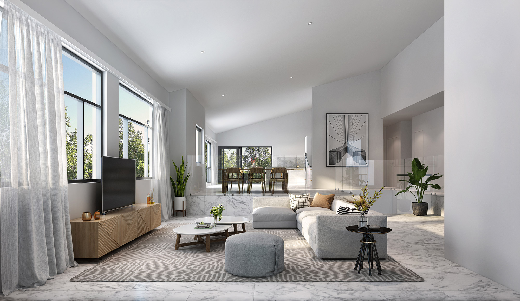 Bright modern living room with marble flooring and soft furnishings 3D Rendering in Ripley QLD