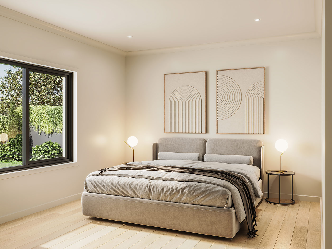 Spacious bedroom 3D Render in Port Lincoln SA featuring large glazing, balcony outlook and contemporary coastal interior design