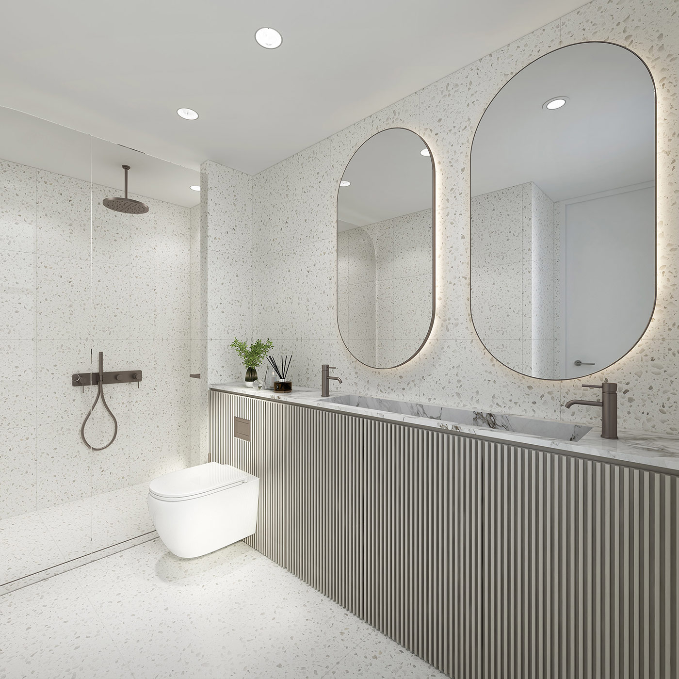 Clean Schofields bathroom 3D render highlighting terrazzo textures, floating vanity and modern Australian interior styling