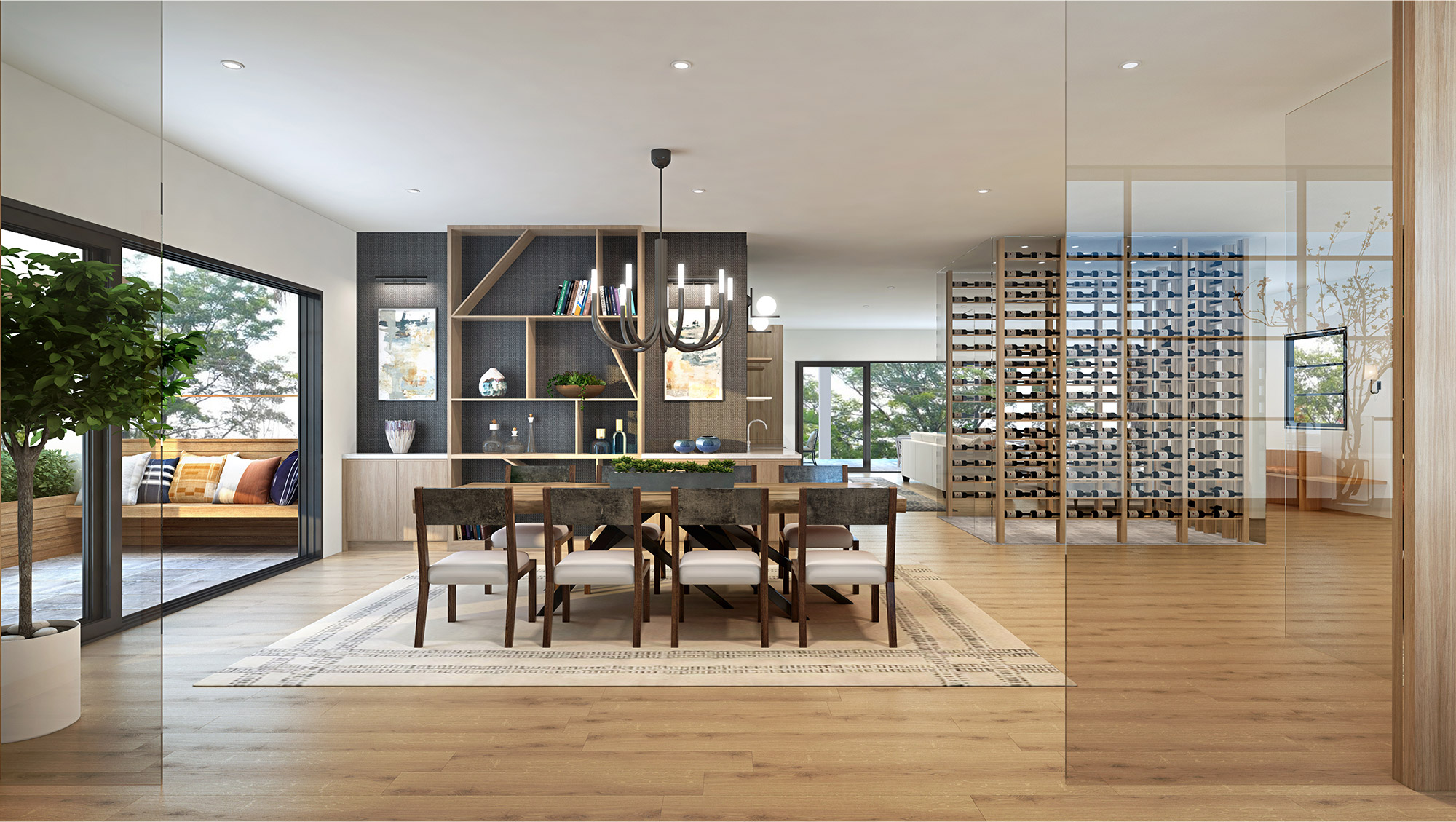 Open plan dining area with wine cellar and shelving, architectural 3D Rendering in Schofields Sydney