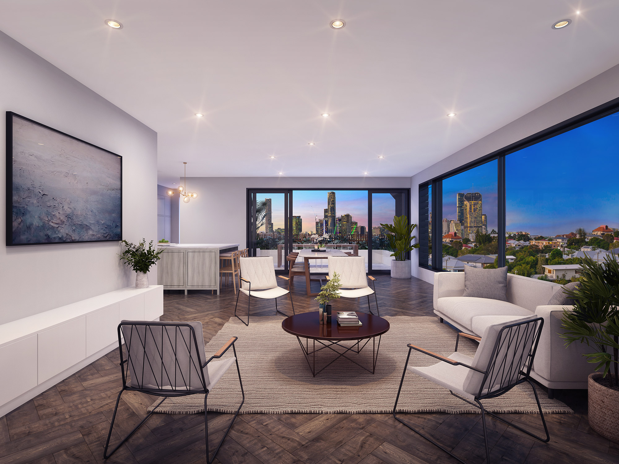 Modern living room with timber flooring and large windows 3D Rendering in Schofields NSW