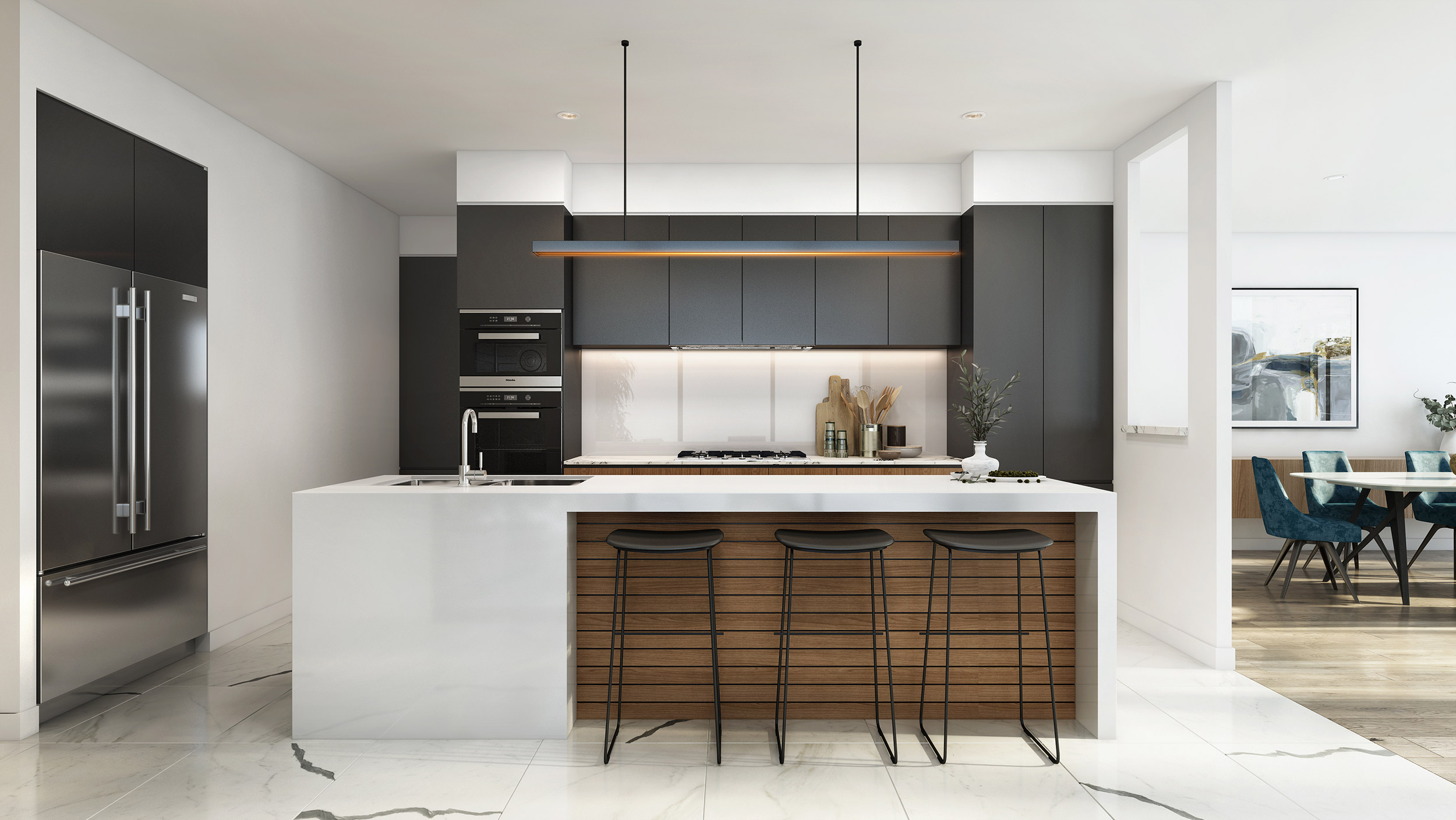 Modern black and white kitchen design in Schofields Sydney 3D Rendering featuring timber accents and minimalist cabinetry