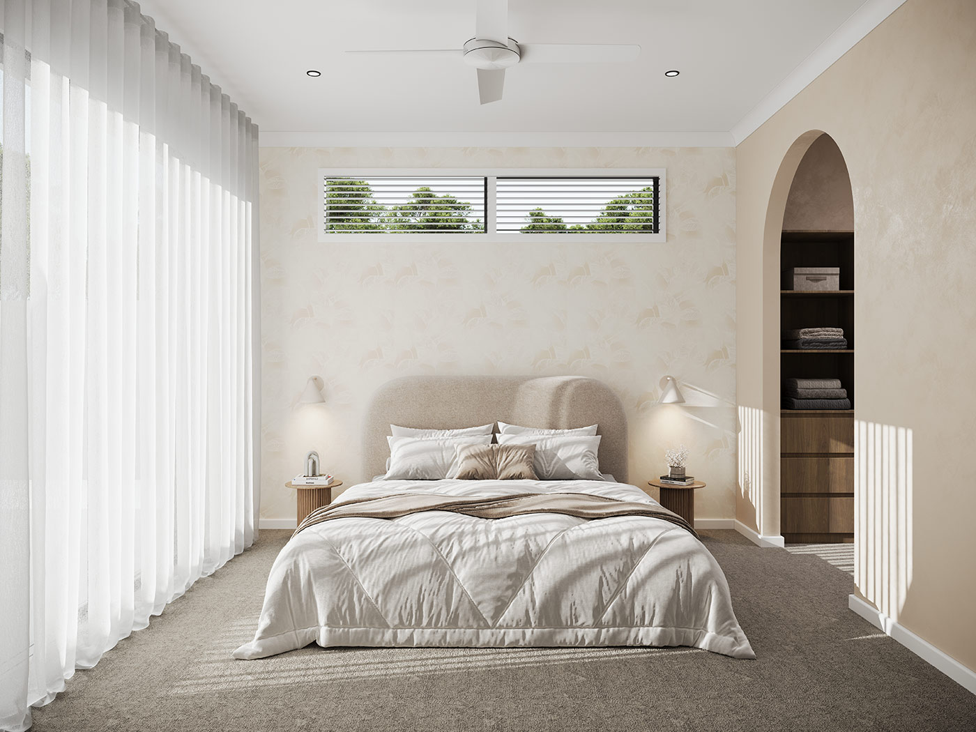 New development bedroom interior 3D rendering in South Ripley QLD with modern finishes, natural light and contemporary styling