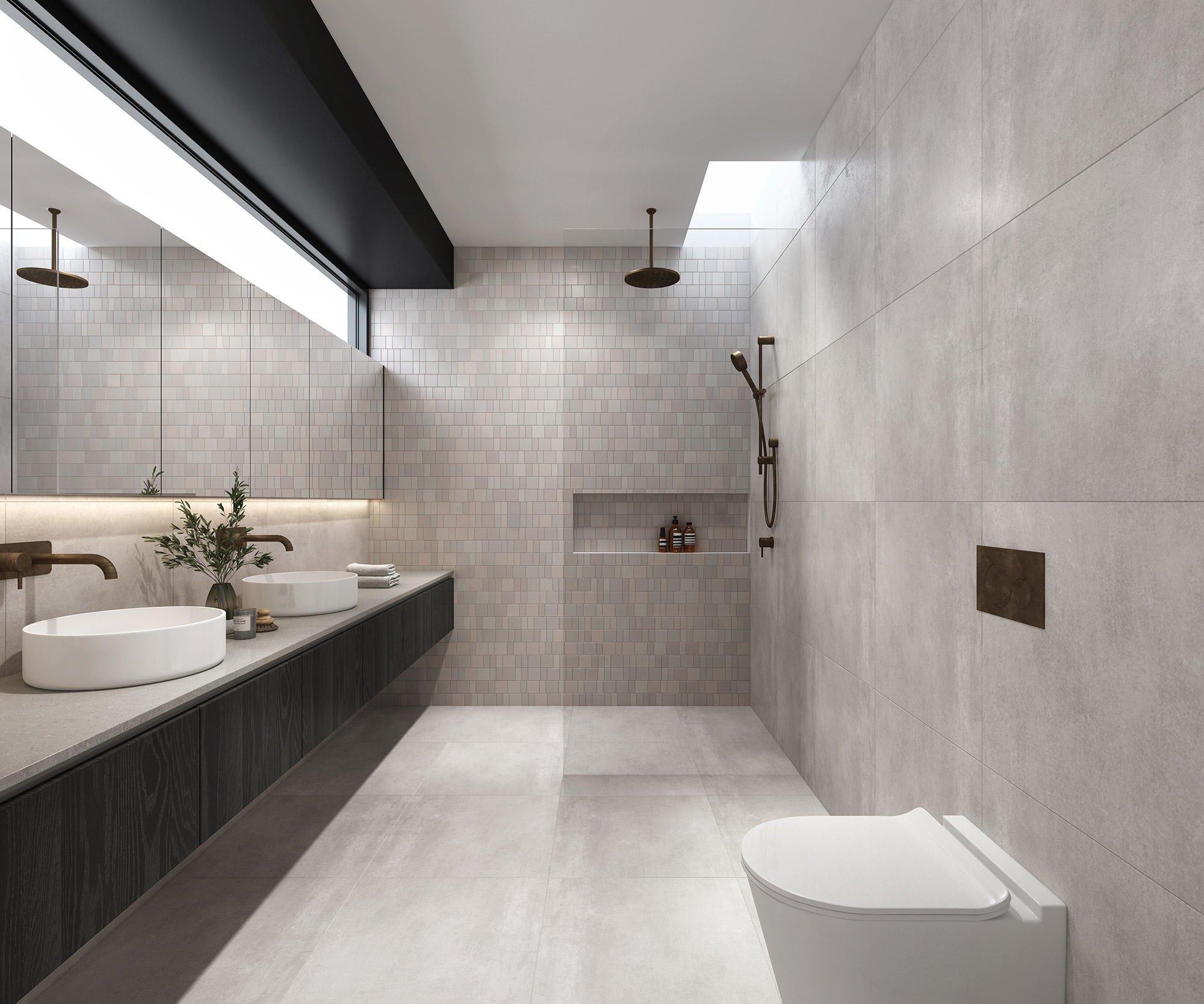 Contemporary Tarneit bathroom 3D rendering with walk-in shower, soft lighting and sleek Australian interior design finishes