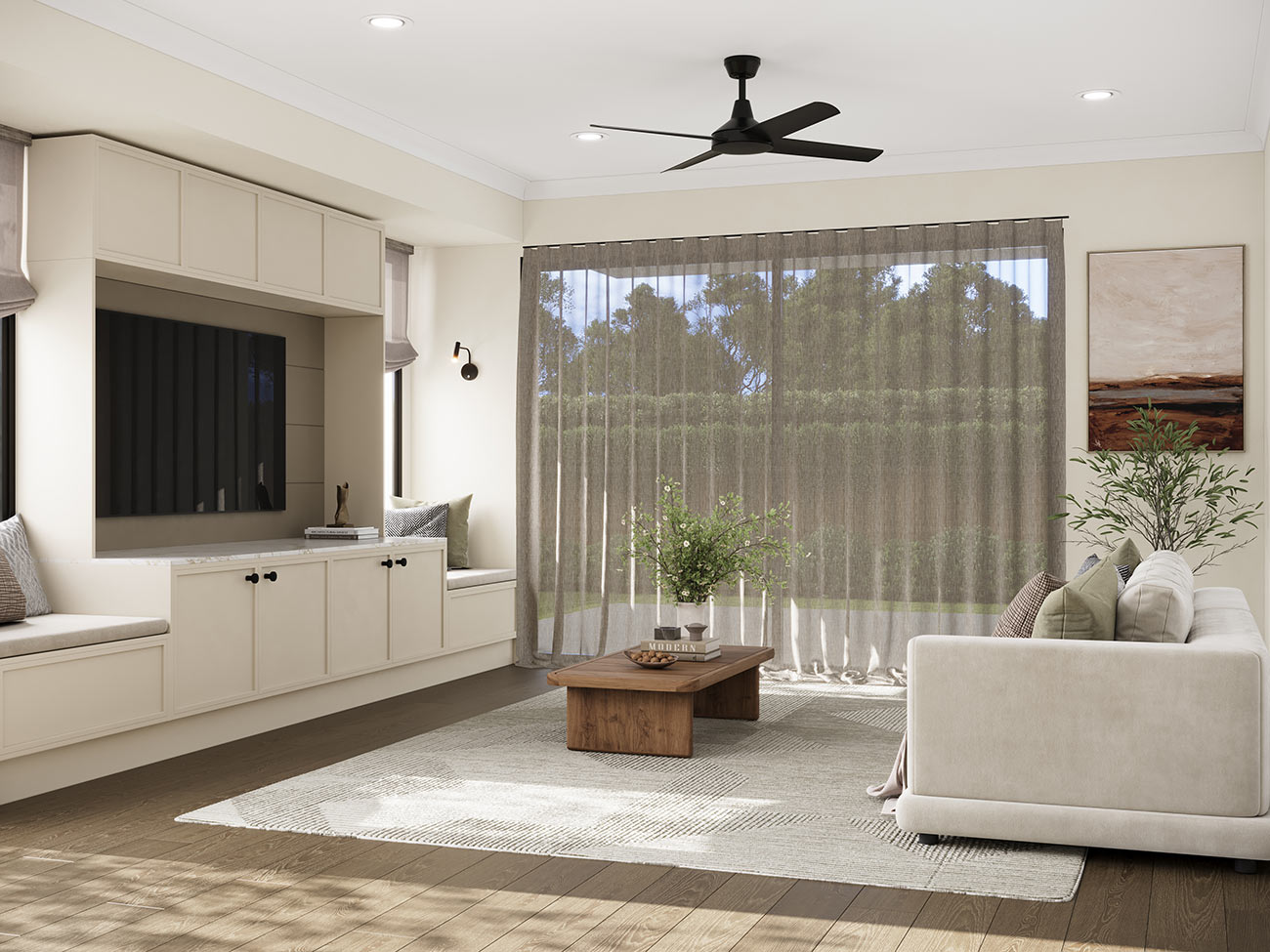 Modern living room with built-in TV unit and large window natural light, residential 3D Rendering in Tarneit Victoria