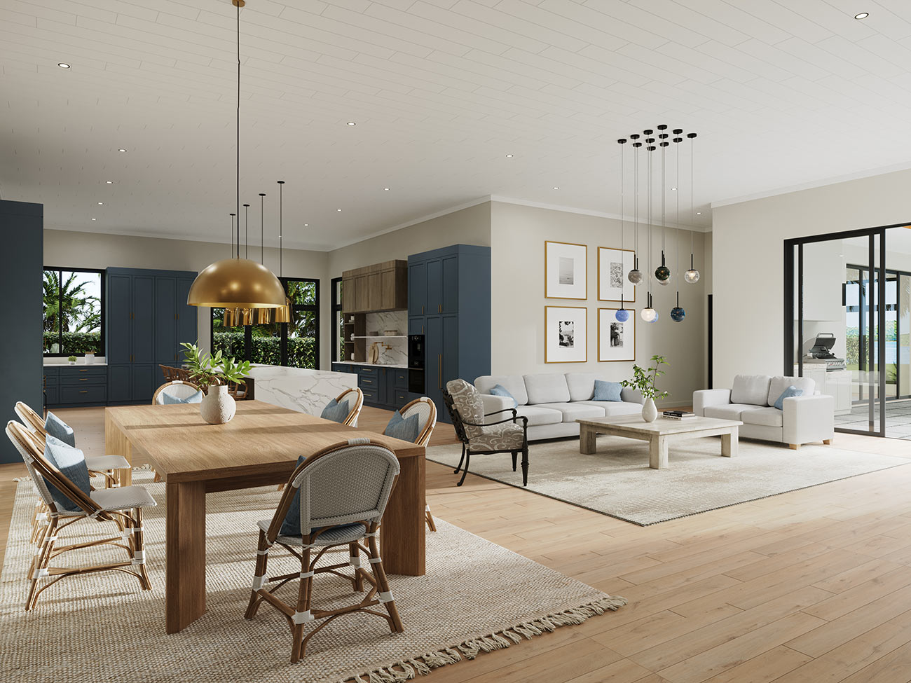 Luxury open plan kitchen living and dining 3D rendering in Tarneit Melbourne with marble finishes and modern lighting