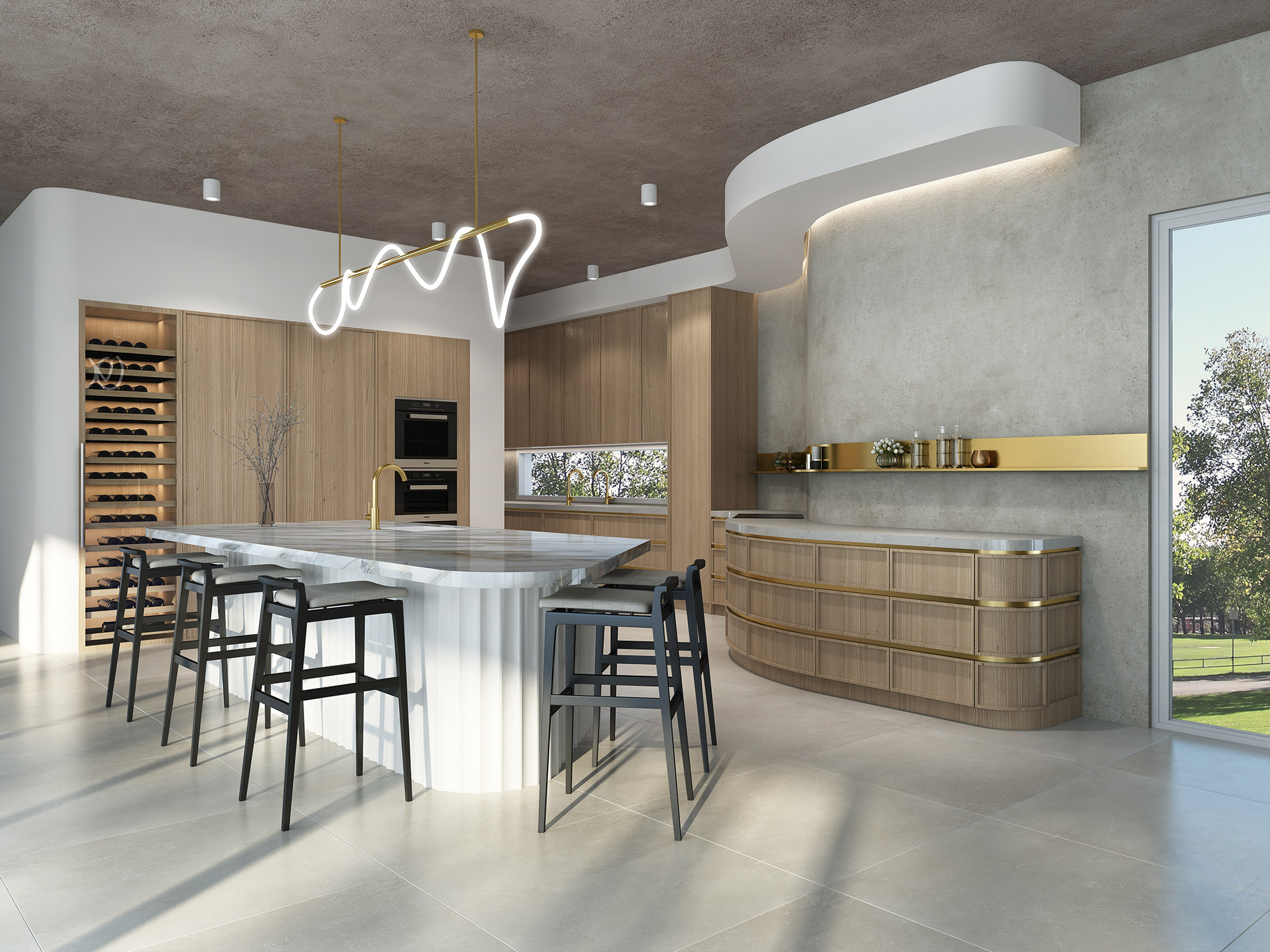 Luxury kitchen with marble island bench in Tarneit Melbourne 3D Render showcasing high end finishes and integrated storage