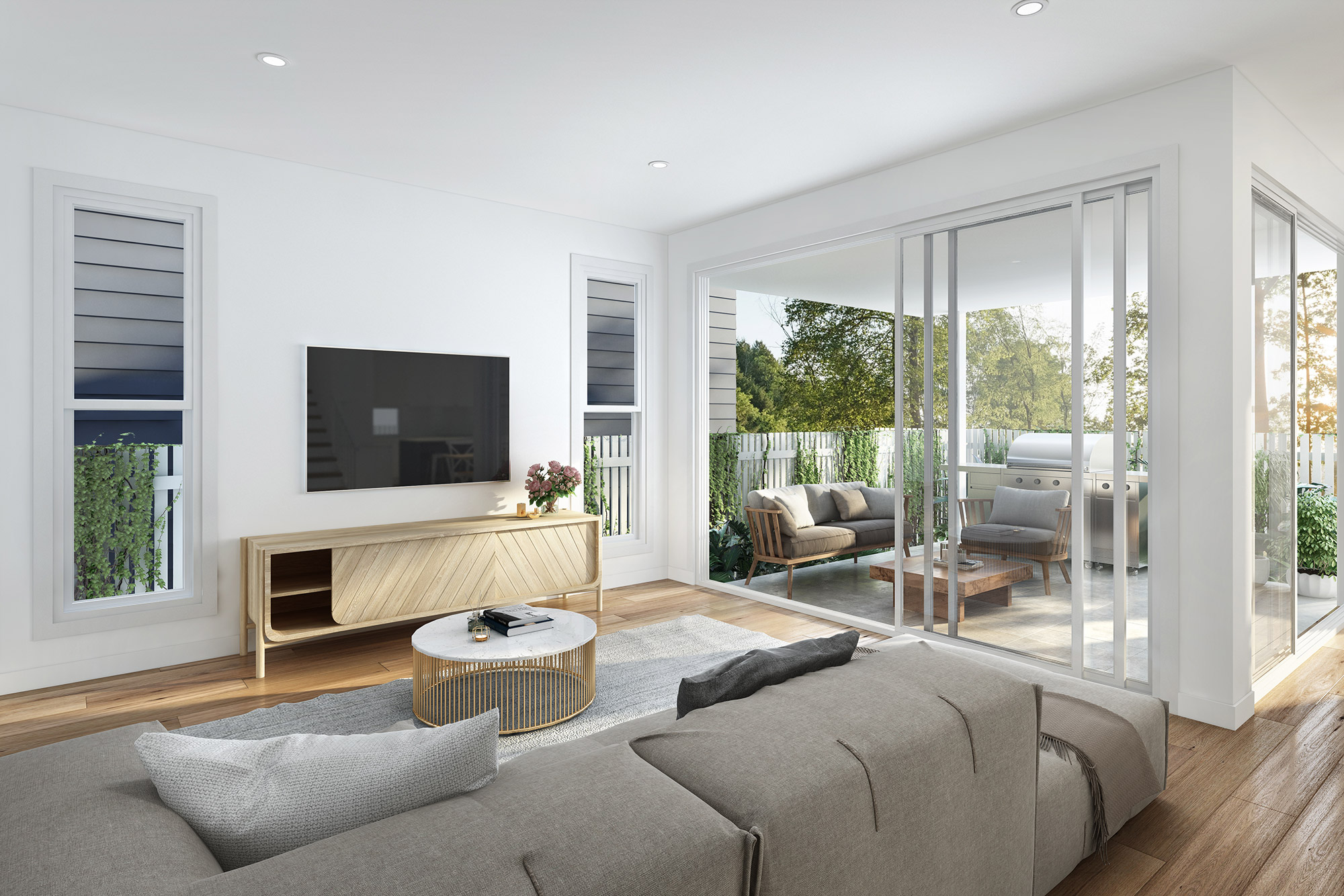 Indoor outdoor living area with sliding doors and alfresco entertaining 3D Render in Tarneit VIC