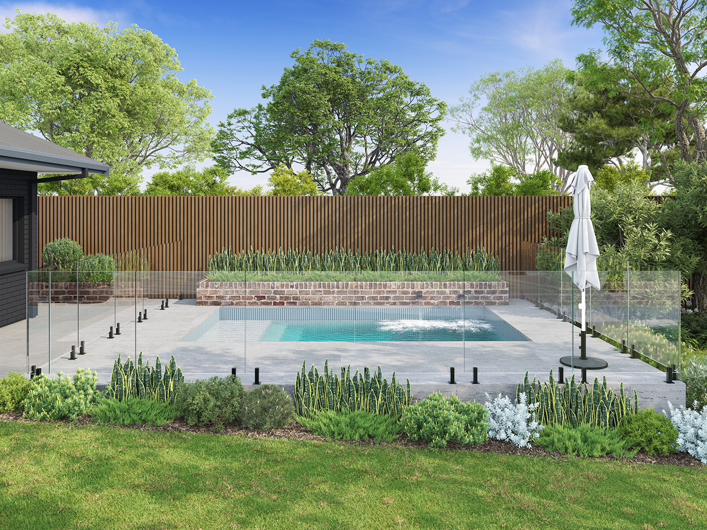 Inground swimming pool with landscaped garden and glass fencing in The Oaks NSW 3D Rendering highlighting modern outdoor design and planting layout
