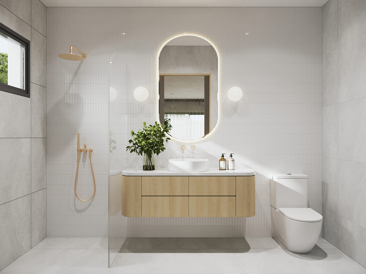 Modern Truganina bathroom 3D render featuring soft lighting, curved vanity and functional Australian interior design layout