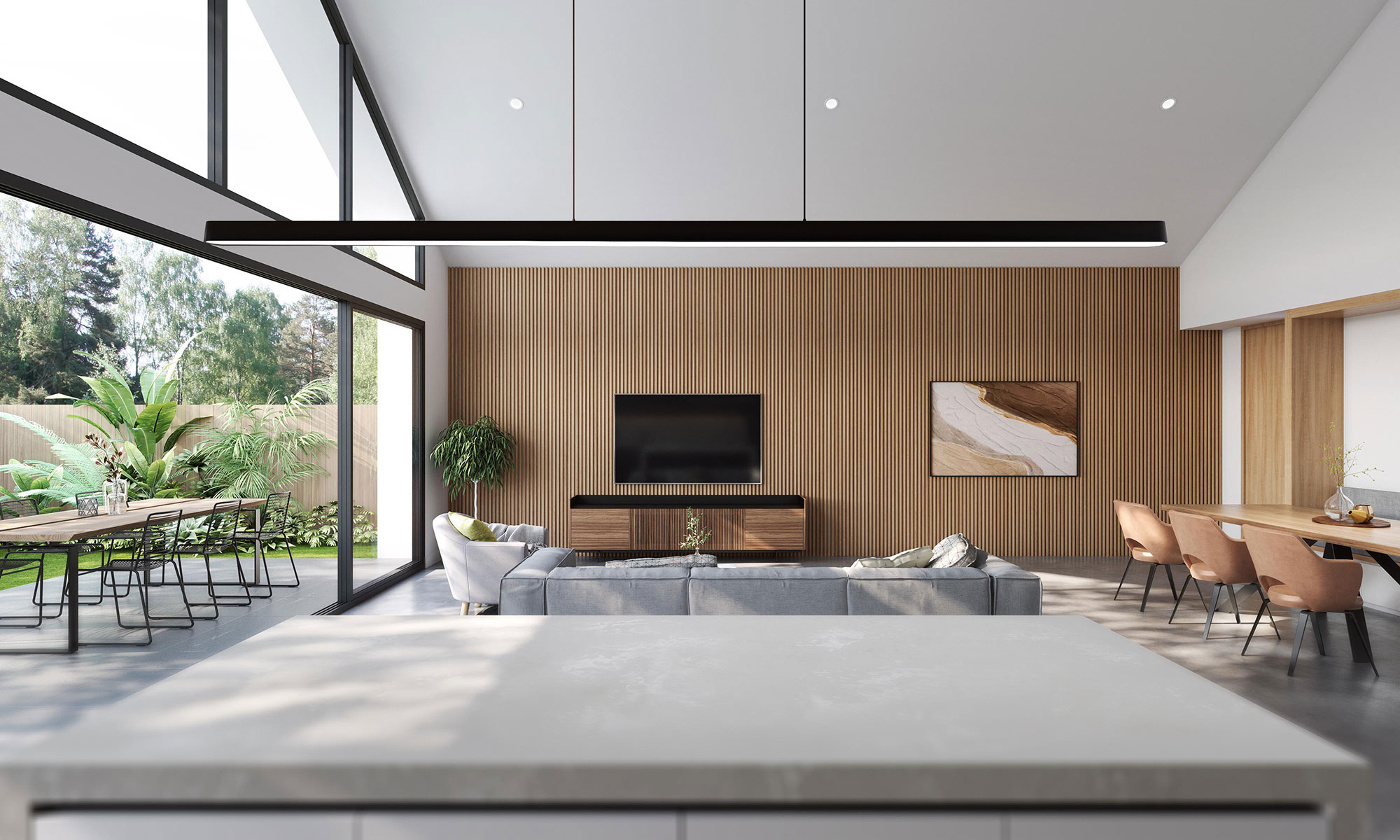 Open plan living and dining area with outdoor connection, modern home 3D Rendering in Victor Harbor South Australia